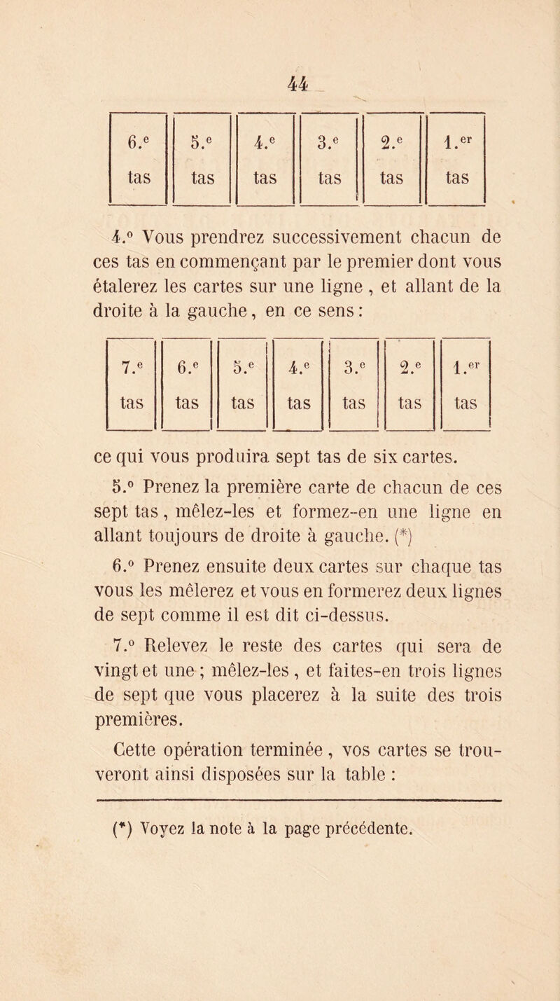 6.e tas 5.e tas 4.e tas 3.e tas l.er tas 4.° Vous prendrez successivement chacun de ces tas en commençant par le premier dont vous étalerez les cartes sur une ligne , et allant de la droite à la gauche, en ce sens : 5.e tas 4.e tas 3. tas Ç).e tas l.er tas ce qui vous produira sept tas de six cartes. 5. ° Prenez la première carte de chacun de ces sept tas, mélez-les et formez-en une ligne en allant toujours de droite à gauche. (*) 6. ° Prenez ensuite deux cartes sur chaque tas vous les mêlerez et vous en formerez deux lignes de sept comme il est dit ci-dessus. 7. ° Relevez le reste des cartes qui sera de vingt et une ; mêlez-les , et faites-en trois lignes de sept que vous placerez à la suite des trois premières. Cette opération terminée, vos cartes se trou- veront ainsi disposées sur la table : (*) Voyez la note à la page précédente.