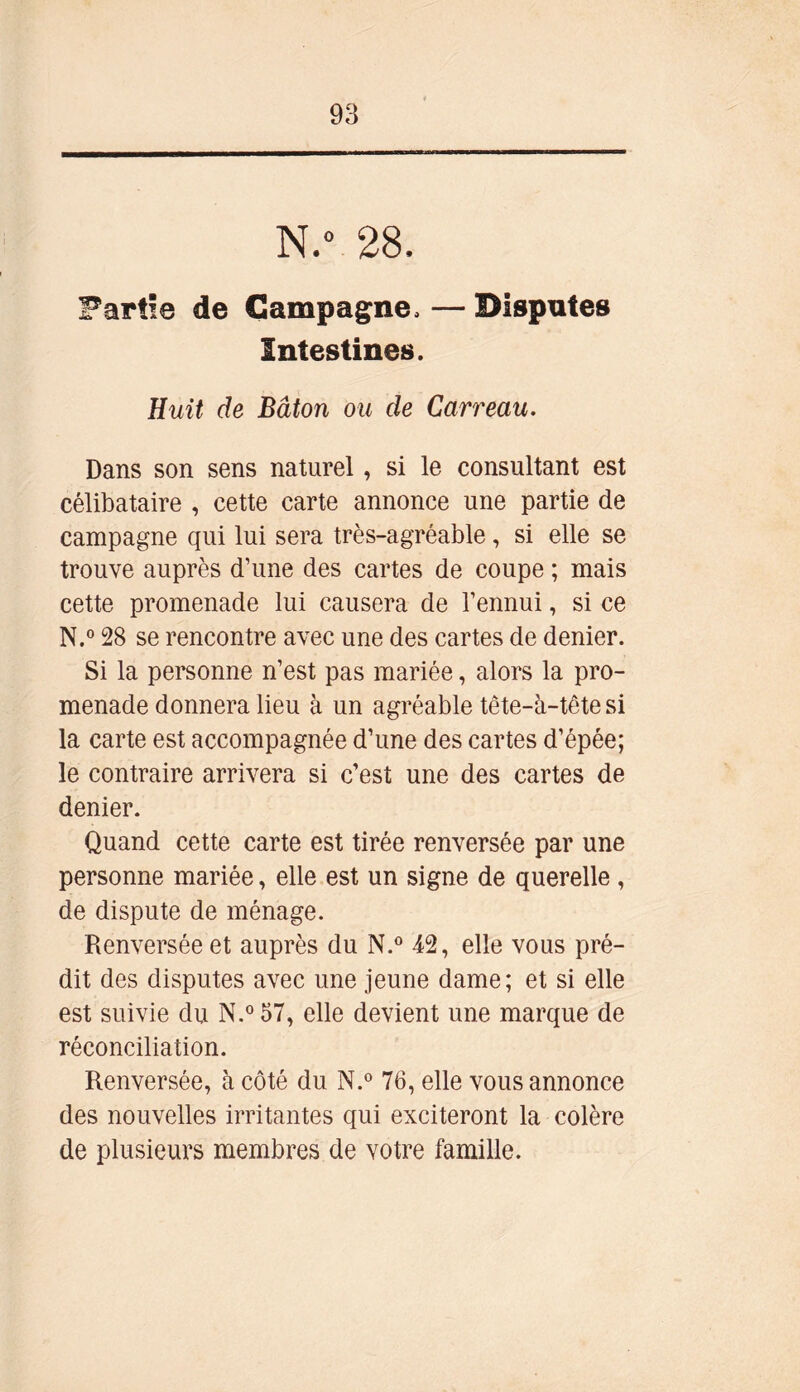 N.° 28, Partie de Campagne, — Disputes Intestines. Huit de Bâton ou de Carreau. Dans son sens naturel, si le consultant est célibataire , cette carte annonce une partie de campagne qui lui sera très-agréable, si elle se trouve auprès d’une des cartes de coupe ; mais cette promenade lui causera de l’ennui, si ce N.° 28 se rencontre avec une des cartes de denier. Si la personne n’est pas mariée, alors la pro- menade donnera lieu à un agréable tête-à-tête si la carte est accompagnée d’une des cartes d’épée; le contraire arrivera si c’est une des cartes de denier. Quand cette carte est tirée renversée par une personne mariée, elle est un signe de querelle , de dispute de ménage. Renversée et auprès du N.° 42, elle vous pré- dit des disputes avec une jeune dame; et si elle est suivie du N.° 57, elle devient une marque de réconciliation. Renversée, à côté du N.° 76, elle vous annonce des nouvelles irritantes qui exciteront la colère de plusieurs membres de votre famille.