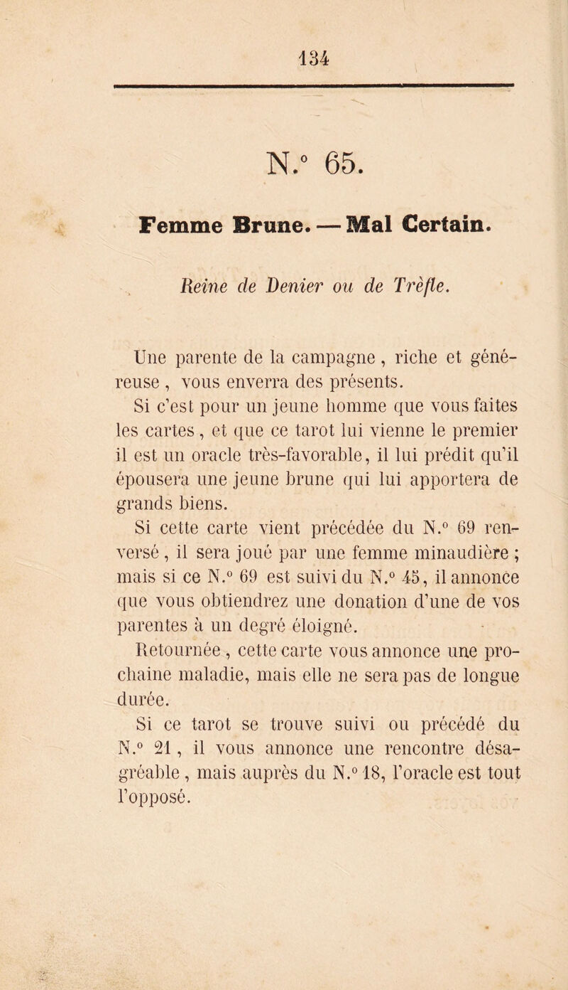 65. Femme Brune. — Mal Certain. Reine de Denier ou de Trèfle. Une parente de la campagne, riche et géné- reuse , vous enverra des présents. Si c’est pour un jeune homme que vous faites les cartes, et que ce tarot lui vienne le premier il est un oracle très-favorable, il lui prédit qu’il épousera une jeune brune qui lui apportera de grands biens. Si cette carte vient précédée du N.° 69 ren- versé , il sera joué par une femme minaudière ; mais si ce N.° 69 est suivi du N.° 45, il annonce que vous obtiendrez une donation d’une de vos parentes à un degré éloigné. Retournée , cette carte vous annonce une pro- chaine maladie, mais elle ne sera pas de longue durée. Si ce tarot se trouve suivi ou précédé du N.° 21, il vous annonce une rencontre désa- gréable , mais auprès du N.° 18, l’oracle est tout l’opposé.