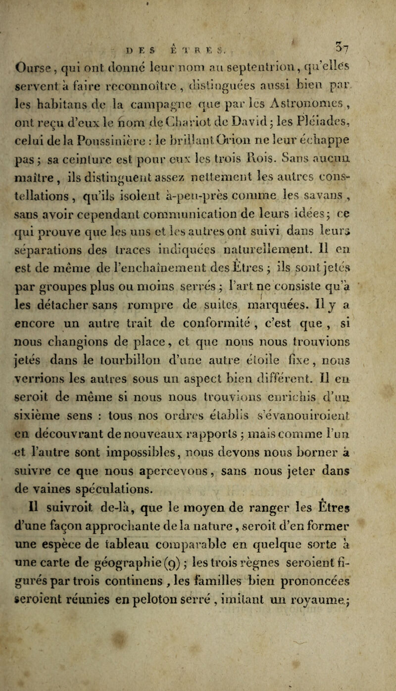 DES É T B E S. ^7 Ourse, qui ont (lormé leur nom au septentrion, qu’elles servent à faire recoimoîtrc , (lisliuguées aussi bien par les habitans de la campagne que par les Aslrononies , ont reçu d’eux le nom de Chariot de David 3 les Pléiades, celui de la Ponssinicre : le brillant Orion ne leur échappe pas 3 sa ceinture est pour eux les trois Rois. Sans aucnu maître , ils distinguent assez nettement les autres cons- tellations , qu’ils isolent à-pen-près comme les sa vans , sans avoir cependant communication de leurs idées 3 ce qui prouve que les uns et les autres ont suivi dans leurs séparations des traces indiquées naturellement. 11 eu est de même de reiicbaîaemeut des Etres 3 ils sont jetés par groupes plus ou moins serrés 3 Part ne consiste qu’à les détacher sans rompre de suites marquées. H J a encore un antre trait de conformité , c’est que , si nous cbangions de place, et que nous nous trouvions jetés dans le tourbillon d’une autre étoile fixe, nous verrions les autres sous un aspect bien différent. Il eu seroit de même si nous nous trouvions enrichis dhui sixième sens : tous nos ordres établis s’évanoiiiroieat en découvrant de nouveaux rapports 3 mais comme i’im et l’autre sont impossibles, nous devons nous borner à suivre ce que nous apercevons, sans nous jeter dans de vaines spéculations. 11 suivroit de-là, que le moyen de ranger les Etres d’une façon approchante de la nature, seroit d’en former une espèce de tableau comparable en quelque sorte à une carte de géographie (9) 3 les trois règnes seroient fi- gurés par trois continens , les familles bien prononcées seroient réunies en peloton serré , imitant un royaume;