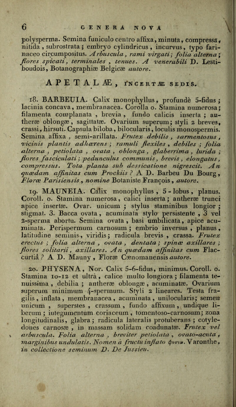 polysperma. Semina funiculo centro affixa, minuta y compressa# nitida , subrostrata ; embryo cylindricus , incurvus, tjpo fari- naceo circumpositus. y4rbuscuLa, rami virgati; folia alterna ^ flores spicati, terminales , tenues. A 'verterabili D. Lesti- boudois, Botanograpliiæ Belgicæ autore. APETALAE, i*ncertaesedis, ï8. BAB.BEUIA. Calix monoplijllus, profundè 5-fidus ; lacinia concava, membranacea. Corolla o. Stamina numerosa; filamenta complanata , brévia , fundo calicis iiiserfa ; aia- tlieræ oblongæ, sagittatæ. Ovarium superym; styli 2 brèves, crassiy hirsuti. Capsula biloba, bilocularis, loculis monospermis. ‘ Semina affixa, semi-arillata. Frutex debilis , sarmentosus, 'vichiis plantis adhœrens ; ramuli flexiles , debiles ; folia alterna ^ petiolata , ovata , oblonga, glaberruna , hirida ; flores fasciculati ; pedunculiLs commuiiis, brevis , elongatus, compressas. Tota planta sub dessicatione nigrescit. An r^nœdam affinitas cum Prockiis ? A D. Barbeu Du Bourg, Fiorœ Parisiensis , nomine Botaniste François , autore. 19. MAUNEIA. Calix monophyllus , 5 - lobus , planus. Coroü* o. Stamina numerosa, caîici inserta; antheræ trunci apice insertæ. Ovar. unicum ; Stylus staminibus longior ; stigmat. 3. Bacca ovata, acuminata stylo persistente , 3 vel 2-sperma abortu. Semina ovata , basi ümbilicata, apice acu- minata. Perispermum carnosum ; embrio inversas , planus, iatitudine seminis, viridis ; radicula brevis , crassa. Frutex erectus ; folia alterna , ovata , dentata ; spinæ axillares ; flores solitarii, axillares. An quœdam affinitas cum Flac- curtiâ ? A D. Mauny , Floræ Cænomanensis 20. PHYSENA, Nor. Calix 5-6-fidus, minimus. Coroll. o. Stamina 10-12 et ultra, calice mu Ito longiora ; filamenta te- nuissima , debilia ; antheræ oblongæ , acuminatæ. Ovarium âuperurn minimum 4^permum. Styli 2 lineares. Testa fra- gilis , inflata , membranacea, acuminata, unilocularis; semen unicum , superstes , crassum , fundo affixum , undique li- berum ; iutegumentum coriaceum , tomentoso-carnosum; zona longitudinalis, glabra ; radicula lateralis protuberans ; cotyle- dones carnosæ , in massam solidam coadnnafæ. Frutex vel \ arbuscula. Folia^ alterna, , breviter petiolata,, ovato-acuta , marginibus undulatis. Nomen à fructu hiflato {pucrea. Varonthe , in collectione seminum D. De Jussieu.