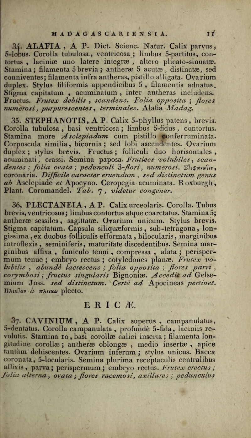 34- ALAFIA , A P. Dict. Scienc. Natur. Calix parvus^ 5-1 obus. Corolla tubulosa , veiitricosa ; limbus 5-partilus, con- tortus , laciniæ uiio latere integræ , altero plicato-sinuatæ. Stamina ; filamenta 5 brevia ; antlieræ 5 acutæ , distinctcE;, sed coimiventes; filamenta infra antheras, pistillo alligata. Ovarium duplex. Stylus filiformis appendicibus 5 , filamentis adnatus. Stigma capitatum , acuminatum, inter antheras includens. Pructus. Fnitex debilis , scandens. Folia opposita ; flores numéro si, purpur'escentes ^ cermùiales. Alafia Madag^ 35. STEPHANOTIS, A P. Calix 5-phyllus patens, brevis. Corolla tubulosa , basi ventricosa ; limlDus 5-fidus , contortus. Stamina more Asclepiadum cum pistillo conferruminata. Corpuscula similia, bicornia ; sed lobi ascendentes. Ovarium duplex; Stylus brevis. Fructus; folliculi duo liorisontales , acuminati, crassi. Semina paposa. Fruùices 'volubiles ^ scan- de ntes ; folia ovata; peduiiculi 3-flori, numerosi, coronaria. Difficile caracter eruendum, sed distinctum genus ab Asclepiade Apocyno. Ceropegia acuminata. Roxburgh, Plant. Coromandel. Tab» y , uidetur congener, 36. PLECTANEIA, A P. Calix urceolaris. Corolla. Tubus brevis, ventricosus; limbus contortus atque coarctatus. Stamina 5; antlieræ sessiles, sagittatæ. Ovarium unicum. Stylus brevis. Stigma capitatum. Capsula siliquæformis, sub-tetragorïa, Ion- gissima, ex duobus folliculis efformata , bilocularis, marginibus introflexis , seminiferis, maturitate discedentibus. Semina mar- ginibus affixa , funiculo tenui, compressa , alata ; perisper- mum tenue ; embryo rectus ; cotyledones planæ. Frutex 'vo- lubilis , abnndè lactescens ; folia opposita ; flores parvi , corymbosi ; fructus singularis Bignoniæ. Accedit ad Oelse- mitim Juss. sed distinctum» Certè ad Apocineas pertinet» IlXiKjciv à 'Tc'Kiix.a pleCtO. E R I C Æ. 37. CAVINIUM , A P. Calix superus , campanulatus, 5-c1entatus. Corolla campanulata, profundè 5-fida, laciniis re- voliitis. Stamina 10, basi corollæ calici inserta; filamenta lon- gitudine corollæ ; anthefæ oblongæ , medio insertæ , apice tauliim déhiscentes. Ovarium inferum ; Stylus unicus. Bacca coronata, 5-locularis. Semina plurima recepfaculis centralibus alfixis , parva; perispermum ; embryo rectus. Frutex erectus ; folia alterna y ovata ; flores racemosi, axillares ; peduiiculus