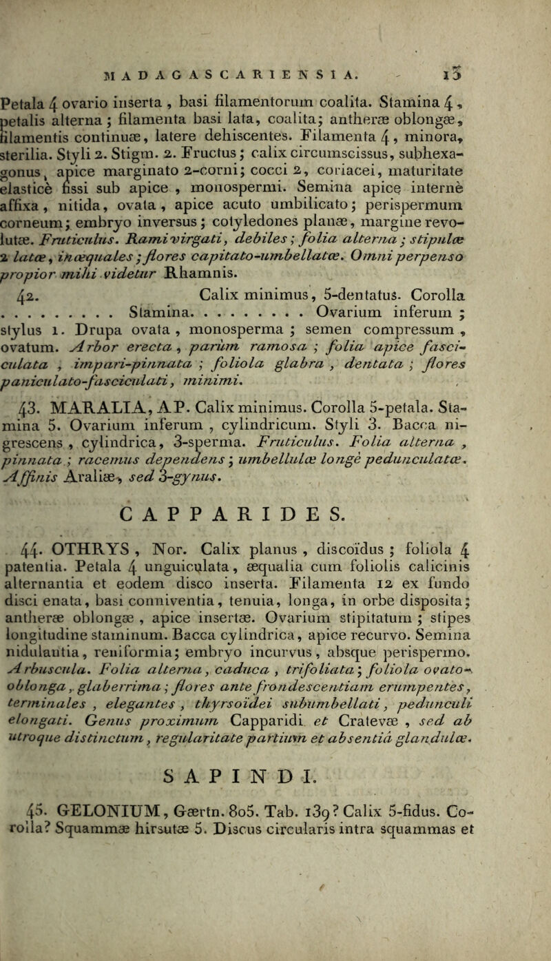 M A D A G A s C A R I E IN s î A. l5 Petala 4 ovario iiiserta , basi filameiitorum coalita. Stamina 4 petalis alterna; filameiita basi lata, coalita; antheræ oblongæ, Slamentis continuæ, latere déhiscentes. Filamenta49 minora» sterilia. Stjli 2. Stigm. 2. Fructus ; calix circumscissus, subhexa- gonus, apice marginato 2-corni; cocci 2, coriacei, maturitate elasticè nssi sub apice , monospermi. Semiiia apice interné affixa, nitida, ovala , apice acuto umbilicato ; perispermum corneum ; embryo inversus ; cotyledones planæ, margine revo- lutæ. Fmticulus. Ramivirgati, debiles; folia alterna stipulée 2 latœ^ ifiœeiuales ; flores capitato-umbellatœ, Omni per péris o propior mihi videtur Rhamnis. 42. Calix minimus, 5-dentatus. Corolla Slamina Ovarium inferum ; Stylus 1. Drapa ovata , monosperma ; semen compressum » ovatum. yirbor erecta ^ pariim ramosa ; folia apice fasci- culata , impari-pinnata ; foliola glabra , dentata ; flores paniculato-fasciculati, rninimi, 43. MARALIA, AP. Calix minimus. Corolla 5-petala. Sta- mina 5. Ovarium inferum , cylindricum. Styli 3. Bacca ni- grescens , cylindrica, 3-sperma. Fruticulus. Folia alterna , pinnata ; racemus dependens \ umbellulœ longé pedunculatœ* Afflnis Araliae-^ sed i-gynus, CAPPARIDES. 44* OTHRYS , Nor. Calix planus , discoïdus ; foliola 4 patentia. Petala 4 unguiculata, æqualia cum foliolis calicinis alternantia et eodem disco inserta. Filamenta 12 ex fundo disci enata, basi conniventia, tenuia, longa, in orbe disposita; antlieræ oblongæ , apice insertæ. Ovarium stipitaturn ; stipes longitudine stamiiium. Bacca cylindrica, apice recurvo. Semina nidulaiitia, reiiiformia; embryo incurvas, absque perispermo. Arbuscula. Folia alterna, caduca , trifoliata\ foliola ovato-^ oblonga y glaberrima ; flores ante fr ondescentiam ermnpentes ^ terminales , elegantes , thyrsoïdei subumbellati, pednncuU elongati. Genus proximnm Capparidi et Cratevæ , sed ab utroque distinctum, regularitate partimn et absentiâ glandulœ. S A P I N D I. 45. GELONIUM, Gærtn.SoS. Tab. idq? Calix 5-fidus. Co- rolla? Squammæ hirsutæ 5. Discus circularis intra squammas et