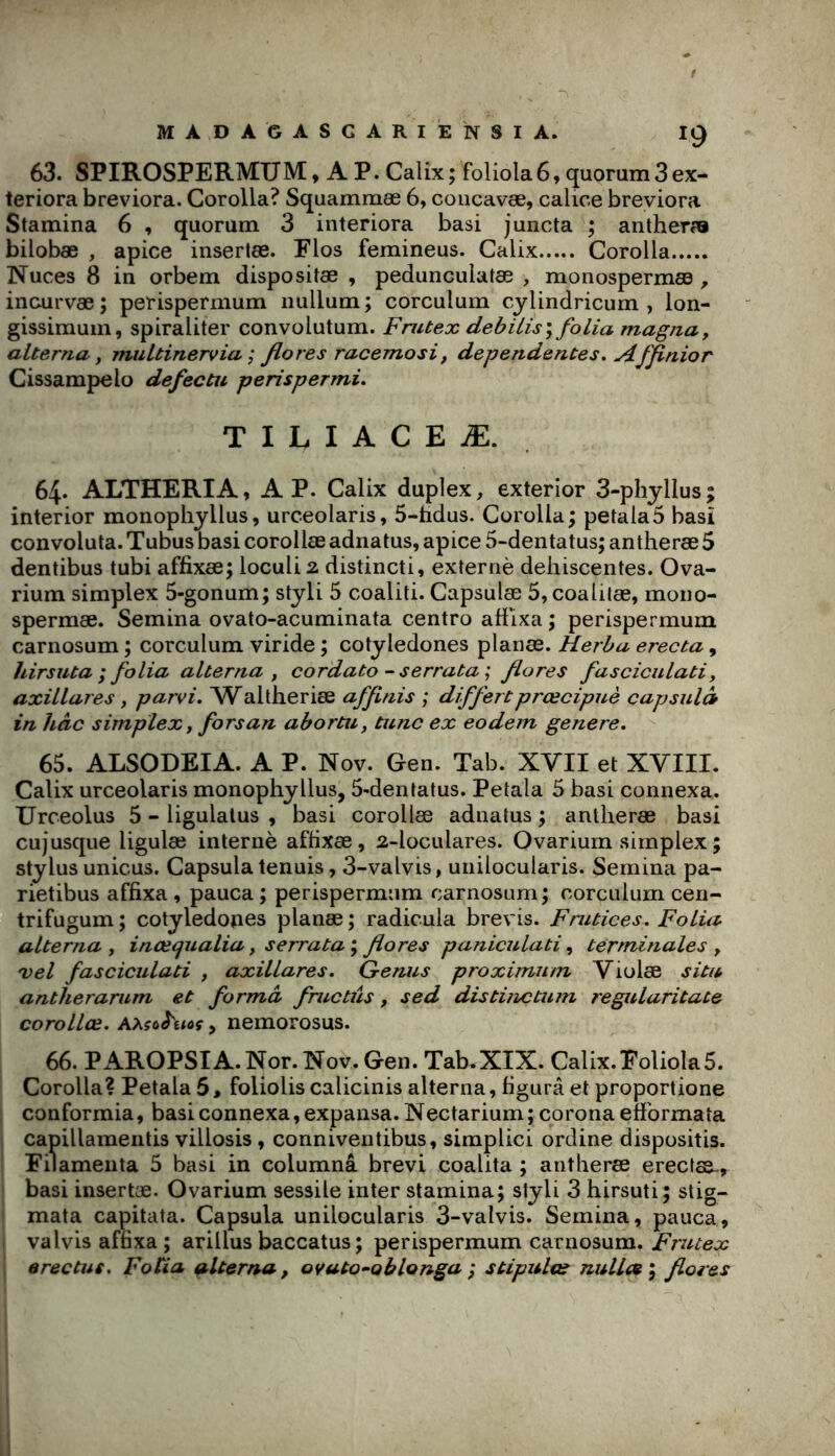 63. SPIROSPERMUM, A P. Calîx ; foliola 6, quorum 3 ex- teriora breviora. Corolla? Squammæ 6, coiicavæ, calice breyiora Stamina 6 , quorum 3 interiora basi juncta ; antheræ bilobæ , apice insertæ. Flos femineus. Calix Corolla Nuces 8 in orbem dispositæ , pedunculatæ , monospermæ , incurvas ; perispermum nullum ; corculum cjlindricum , lon- gissimuin, spiraliter convolutum. Fnitex debiLis\ folia magna y alterna y multinervia ; flores racemosi, dépendantes, yiffinior Cissampelo defectu perispermi. TILIACEÆ. 64* ALTHERIA, A P. Calix duplex, exterior 3-phyllus ; interior monophyllus, urceolaris, 5-hdus. Corolla; petala5 basi convoluta. Tubus basi corollæ adnatus, apice 5-dentatus; antheræ 5 dentibus tubi affixæ; loculi 2 distinct!, externè déhiscentes. Ova- rium simplex 5-gonum; styli 5 coaliti. Capsulas 5,coalilæ, mono- spermae. Semina ovato-acuminata centro ahixa ; perispermum carnosum ; corculum viride ; cotyledones planas. Herbu erecta, hirsuta ; folia alterna , cordato -serrata ; flores fascicnlati, axillares, parvi, Waltheriæ affinis ; differtprœcipuè capsulâ in hâc simplex y fors an abortn, tune ex eodem genere, 65. ALSODEIA. A P. Nov. Gen. Tab. XVII et XVIII. Calix urceolaris monophyllus, 5-dentatus. Petala 5 basi connexa. Urceolus 5 - ligulalus , basi corollæ adnatus ; antheræ basi eu jusque ligulæ interné afhxæ, 2-loculares. O varium simplex ; Stylus unicus. Capsula tenuis, 3-valvis, uiiilocularis. Semina pa- rietibus affixa , pauca ; perispermum carnosum; corculum cen- trifugum ; cotyledones planæ ; radicula brevis. Fnitices. Folia alterna y inœqualia, s errata'y flores paniculati y terminales y xel fasciculati , axillares. Genus proximnm Violæ situ antheramm et forma frue tus, sed distijictum regularitate corollæ. KKçùhiùi, nemorosus. 66. PAROPSIA.Nor. Nov. Gen. Tab.XIX. Calix.Foliola5. Corolla? Petala 6, foliolis calicinis alterna, figura et proportione conformia, basi connexa, expansa. Nectarium; coronaefïbrmata capillaraentis villosis , conniventibus, simplici ordine dispositis. Filamenta 5 basi in columnâ brevi coalita ; antheræ erectaa-, basi insertæ. Ovarium sessile inter stamina; styli 3 hirsuti; stig- mata capitata. Capsula unilocularis 3-vaIvis. Semina, pauca, valvis affixa; arillusbaccatus; perispermum carnosum. Frutex erectui, Fotia alterna, oyuto^oblonga -, stipules nullæ'y flores