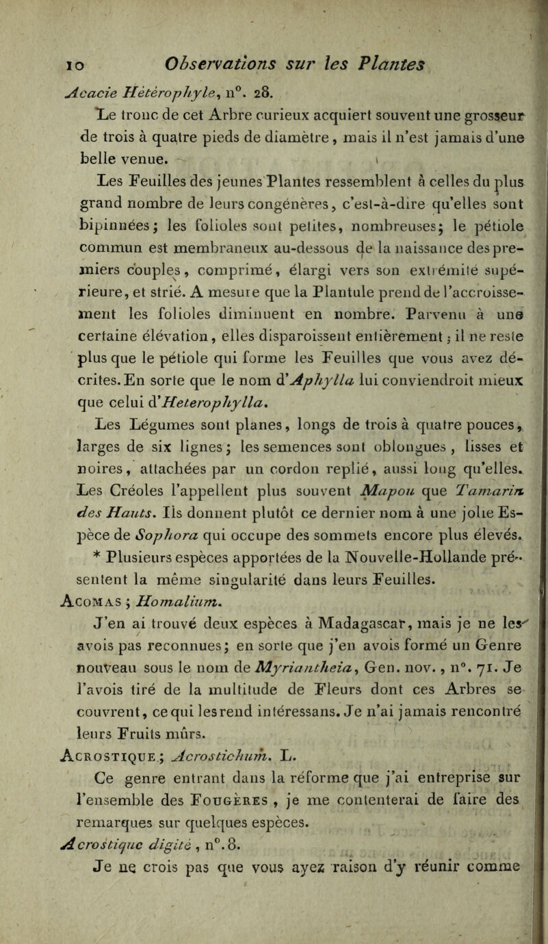 Acacie Hétérophyle, 28. Xe tronc de cet Arbre curieux acquiert souvent une grosseur de trois à quatre pieds de diamètre, mais il n’est jamais d’une belle venue. » Les Feuilles des jeunes'Plantes ressemblent à celles du plus grand nombre de leurs congénères, c’est-à-dire qu’elles sont bipinnées; les folioles sont petites, nombreuses; le pétiole commun est membraneux au-dessous de la naissance des pre- miers couples, comprimé, élargi vers son extiémité supé- rieure, et strié. A mesure que la Plantule prend de l’accroisse- ment les folioles diminuent en nombre. Parvenu à uns certaine élévation, elles disparoissent entièrement j il ne reste plus que le pétiole qui forme les Feuilles que vous avez dé- crites. En sorte que le nom àlAphylla lui conviendroit mieux que celui à!Heterophylla, Les Légumes sont planes, longs de trois à quatre pouces, larges de six lignes; les semences sont oblongues , lisses et noires, attachées par un cordon replié, aussi long qu’elles. Les Créoles l’appellent plus souvent Mapou que Tamarin, des Hauts, Ils donnent plutôt ce dernier nom à une jolie Es- pèce de Sophora qui occupe des sommets encore plus élevés. * Plusieurs espèces apportées de la Nouvelle-Hollande pré- sentent la même singularité dans leurs Feuilles. Acomas ; Homalium. J’en ai trouvé deux espèces à Madagascar, mais je ne les' avois pas reconnues; en sorte que j’en avois formé un Genre nouveau sous le nom de Myriautheia^ Gen. nov., n®. 71. Je l’avois tiré de la multitude de Fleurs dont ces Arbres se couvrent, ce qui les rend intéressans. Je n’ai jamais rencontré leurs Fruits mûrs. Acrostique,; Acrostichum, L. Ce genre entrant dans la réforme que j’ai entreprise sur l’ensemble des Fougères , je me contenterai de faire des remarques sur quelques espèces. Acrostique digité , n®.8. Je ne crois pas que vous ayez raison d’y réunir comme