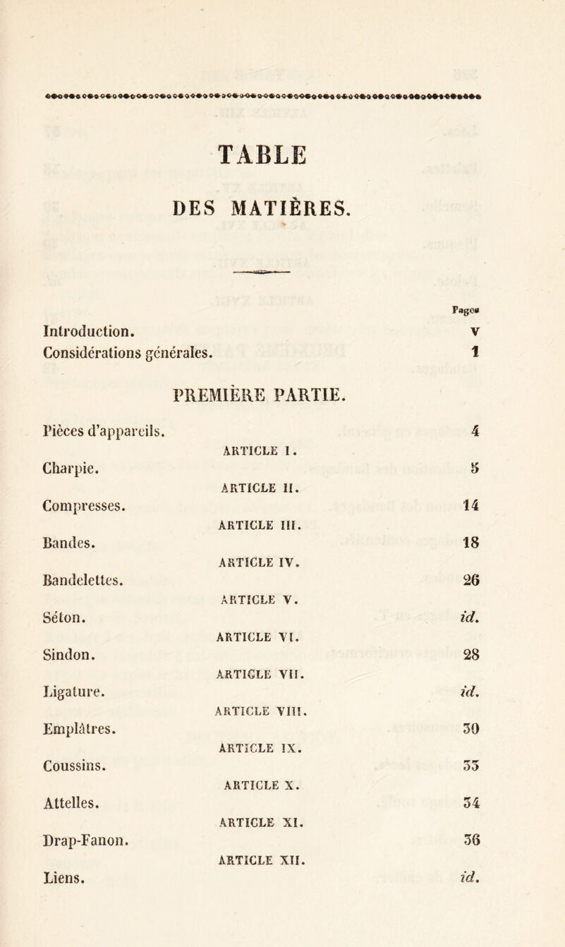 TABLE DES MATIÈRES. Page* Introduction. V Considérations générales. PREMIÈRE PARTIE. 1 Pièces d’appareils. ARTICLE I. 4 Charpie. ARTICLE II. 5 Compresses. ARTICLE III. 14 Bandes. ARTICLE IV. 18 Bandelettes. ARTICLE Y. 26 Séton. ARTICLE Yl. id. Sindon. ARTICLE YÜ. 28 Ligature. ARTICLE YIII. id. Emplâtres. ARTICLE IX. 30 Coussins. ARTICLE X. 33 Attelles. ARTICLE XI. 54 Drap-Fanon. ARTICLE XII. 36 Liens. id.