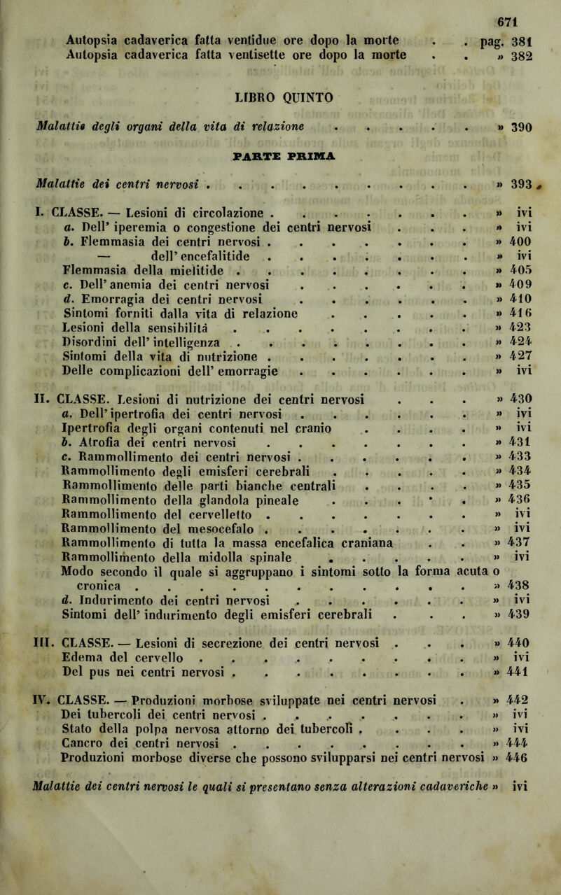 Autopsia cadaverica fatta ventidue ore dopo la morte . . pag. 381 Autopsia cadaverica fatta ventisette ore dopo la morte . . « 382 LIBRO QUINTO Malatti« degli organi della vita di relazione » 390 PARTE PRIMA Malattie dei centri nervosi » 393 # I. CLASSE. — Lesioni di circolazione » ivi a. Dell* iperemia o congestione dei centri nervosi . . . » ivi b. Flemmasia dei centri nervosi ........ 400 — dell’encefalitide . . ...... ivi Flemmasia della mielitide ......... 405 c. Dell’anemia dei centri nervosi » 409 d. Emorragia dei centri nervosi » 410 Sintomi forniti dalla vita di relazione » 416 Lesioni della sensibilità » 423 Disordini dell’intelligenza ........ » 424 Sintomi della vita di nutrizione ........ 427 Delle complicazioni dell’ emorragie » ivi II. CLASSE. Lesioni di nutrizione dei centri nervosi ...» 430 a. Dell’ipertrofìa dei centri nervosi ....... ivi Ipertrofia degli organi contenuti nel cranio .... » ivi b. Atrofia dei centri nervosi . . . . . . . » 431 c. Rammollimento dei centri nervosi ....... 433 Rammollimento degli emisferi cerebrali » 434 Rammollimento delle parti bianche centrali .... » 435 Rammollimento della glandola pineale ...*•» 436 Rammollimento del cervelletto » ivi Rammollimento del mesocefalo » ivi Rammollimento di tutta la massa encefalica craniana . . » 437 Rammollimento della midolla spinale ...... ivi Modo secondo il quale si aggruppano i sintomi sotto la forma acuta o cronica » 438 d. Indurimento dei centri nervosi . . . . . . » ivi Sintomi dell’ indurimento degli emisferi cerebrali ...» 439 III. CLASSE. — Lesioni di secrezione dei centri nervosi ...» 440 Edema del cervello ........... ivi Del pus nei centri nervosi . , . . . . . . » 441 IV. CLASSE. — Produzioni morbose sviluppate nei centri nervosi . » 442 Dei tubercoli dei centri nervosi . >. .. . ... . . » ivi Stato della polpa nervosa attorno dei tubercoli . . . . » ivi Cancro dei centri nervosi ......... 444 Produzioni morbose diverse che possono svilupparsi nei centri nervosi » 446 Malattie dei centri nervosi le quali si presentano senza alterazioni cadaveriche » ivi