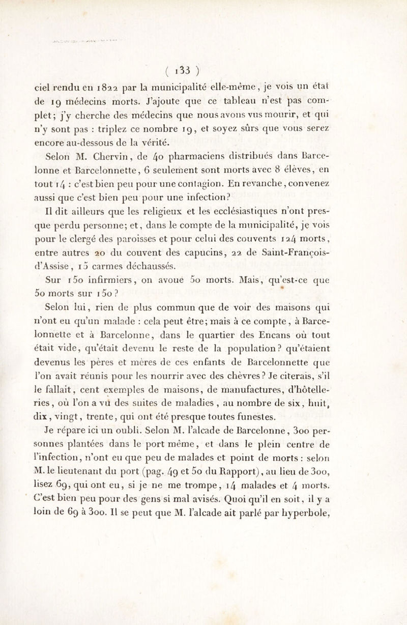 ( '53 ) ciel rendu en 1822 par la municipalité elle-même, je vois un état de 19 médecins morts. J’ajoute que ce tableau n’est pas com- plet; j’y cherche des médecins que nous avons vus mourir, et qui n’y sont pas : triplez ce nombre 19, et soyez sûrs que vous serez encore au-dessous de la vérité. Selon M. Chervin, de [\o pharmaciens distribués dans Barce- lonne et Barcelonnette, 6 seulement sont morts avec 8 élèves, en tout r4 • c’estbien peu pour une contagion. En revanche, convenez aussi que c’est bien peu pour une infection? Il dit ailleurs que les religieux et les ecclésiastiques n’ont pres- que perdu personne; et, dans le compte de la municipalité, je vois pour le clergé des paroisses et pour celui des couvents lo.L^ morts, entre autres 20 du couvent des capucins, 22 de Saint-François- d’Assise , 15 carmes déchaussés. Sur i5o infirmiers, on avoue 5o morts. Mais, qu’est-ce que M 5o morts sur 15o ? Selon lui, rien de plus commun que de voir des maisons qui n’ont eu qu’un malade : cela peut être; mais à ce compte, à Barce- lonnette et à Barcelonne, dans le quartier des Encans où tout était vide, qu’était devenu le reste de la population? qu’étaient devenus les pères et mères de ces enfants de Barcelonnette que l’on avait réunis pour les nourrir avec des chèvres? Je citerais, s’il le fallait, cent exemples de maisons, de manufactures, d’hôtelle- ries, où l’on a vu des suites de maladies , au nombre de six, huit^ dix, vingt, trente, qui ont été presque toutes funestes. Je répare ici un oubli. Selon M. l’alcade de Barcelonne, 3oo per- sonnes plantées dans le port même, et dans le plein centre de l’infection, n’ont eu que peu de malades et point de morts : selon M. le lieutenant du port (pag. 49 et 5o du B.apport), au lieu de 3oo, lisez 69, qui ont eu, si je ne me trompe, i4 malades et 4 morts. C’est bien peu pour des gens si mal avisés. Quoi qu’il en soit, il y a loin de 69 à 3oo. Il se peut que M. l’alcade ait parlé par hyperbole,