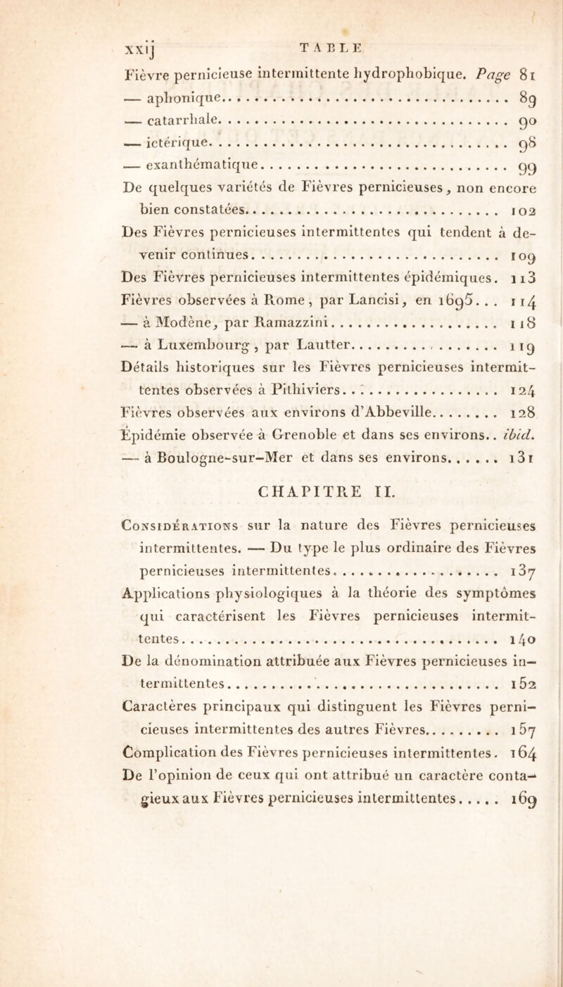 XXIJ Fièvre pernicieuse intermittente hydrophobique. Page 81 — aplionique 8g — catarrhale go — ictérique . g8 — exanthématique gg De quelques variétés de Fièvres pernicieuses, non encore bien constatées 102 Des Fièvres pernicieuses intermittentes qui tendent à de- venir continues ïog Des Fièvres pernicieuses intermittentes épidémiques. 113 Fièvres observées à Rome, par Lancisi, en ibg5. . . 1 14 — à Modène, par Ramazzini 1 18 — à Luxembourg, par Lautter 11g Détails historiques sur les Fièvres pernicieuses intermit- tentes observées à Pithiviers. . i 124 Fièvres observées aux environs d’Abbeville 128 Épidémie observée à Grenoble et dans ses environs., ibid. — à Boulogne-sur-Mer et dans ses environs 131 CHAPITRE TI. Considérations sur la nature des Fièvres pernicieuses intermittentes. — Du type le plus ordinaire des Fièvres pernicieuses intermittentes. ...» i3y Applications physiologiques à la théorie des symptômes qui caractérisent les Fièvres pernicieuses intermit- tentes 140 De la dénomination attribuée aux Fièvres pernicieuses in- termittentes IÔ2 Caractères principaux qui distinguent les Fièvres perni- cieuses intermittentes des autres Fièvres i5y Complication des Fièvres pernicieuses intermittentes. 164 De l’opinion de ceux qui ont attribué un caractère conta-* gieux aux Fièvres pernicieuses intermittentes 169