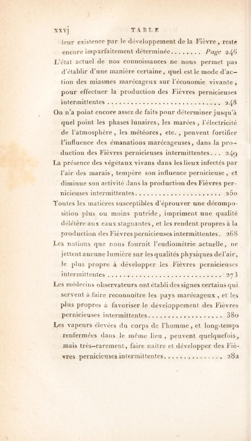 T A. B L 15 xxvj leur existence par le développement de la Fièvre, reste encore imparfaitement déterminée Page 2/\(> L’état actuel de nos connoissances ne nous permet pas d’établir d’une manière certaine, quel est le mode d’ac- tion des miasmes marécageux sur l’économie vivante , pour effectuer la production des Fièvres pernicieuses intermittentes 248 On n’a point encore assez de faits pour déterminer jusqu’à quel point les phases lunaires, les marées , l’électricité de l’atmosphère, les météores, etc., peuvent fortifier l’influence des émanations marécageuses, dans la pro- duction des Fièvres pernicieuses intermittentes. . . 249 La présence des végétaux vivans dans les lieux infectés par l’air des marais, tempère son influence pernicieuse, et diminue son activité dans la production des Fièvres per- nicieuses intermittentes 2Ôo Toutes les matières susceptibles d’éprouver une décompo- sition plus ou moins putride, impriment une qualité délétère aux eaux stagnantes, et les rendent propres à la production des Fièvres pernicieuses intermittentes. 268 Les notions que nous fournit l’eudiométrie actuelle, ne jettent aucune lumière sur les qualités physiques de l’air, le plus propre à développer les Fièvres pernicieuses intermittentes 273 Les médecins observateurs ont établi des signes certains qui servent à faire reconnoître les pays marécageux , et les plus propres à favoriser le développement des Fièvres pernicieuses intermittentes 38o Les vapeurs élevées du corps de l’homme , et long-temps renfermées dans le même lieu, peuvent quelquefois, mais très-rarement, faire naître et développer des Fiè- vres pernicieuses intermittentes 282