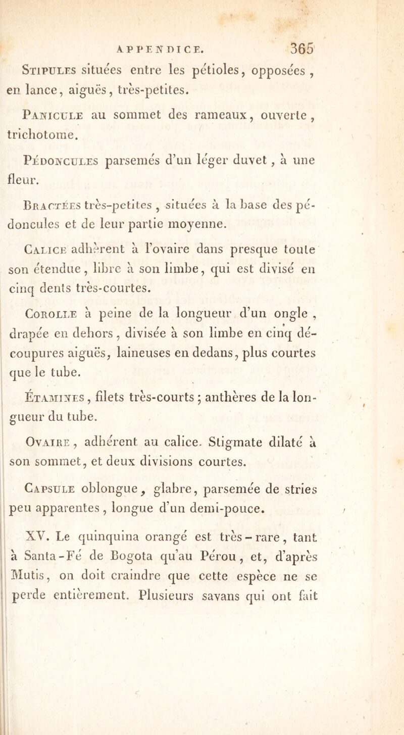 Stipules situées entre les pétioles, opposées , en lance, aiguës, très-petites. Panicule au sommet des rameaux, ouverte, trichotome. Pédoncules parsemés d’un léger duvet , à une fleur. Bractées très-petites , situées à la base des pé- doncules et de leur partie moyenne. Calice adhèrent a l’ovaire dans presque toute son étendue, libre à son limbe, qui est divisé en cinq dents très-courtes. Corolle à peine de la longueur d’un ongle , drapée en dehors , divisée à son limbe en cinq dé- coupures aiguës, laineuses en dedans, plus courtes que le tube. Étamines , filets très-courts ; anthères de la lon- gueur du tube. Ovaire , adhérent au calice. Stigmate dilaté a son sommet, et deux divisions courtes. Capsule oblongue, glabre, parsemée de stries peu apparentes , longue d’un demi-pouce. XY. Le quinquina orangé est très - rare, tant a Santa-Fé de Bogota qu’au Pérou, et, d’après Mutis, on doit craindre que cette espèce ne se perde entièrement. Plusieurs savans qui ont fait r