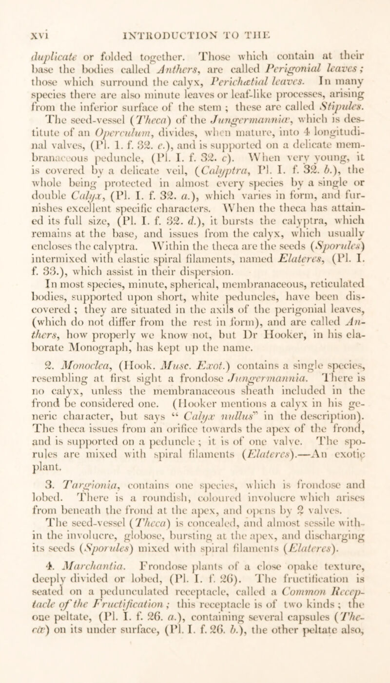 duplicate or folded together. Those which contain at their base the bodies called Anthers, are called Peri gonial leaves; those which surround the calyx, Pcricluctial leaves. In many species there are also minute leaves or leaf-like processes, arising from the inferior surface of the stem ; these are called Stipules. The seed-vessel {Theca) of the Jungermanni/r, which is des- titute of an Operculum, divides, when mature, into 4 longitudi- nal valves, (PI. 1. f. 32. e.), and is supported on a delicate mem- branaceous peduncle, (PI. I. f. 32. c). When very young, it is covered by a delicate veil, (Calyptra, PI. I. f. 32. b.), the whole being protected in almost every species by a single or double Calyx, (PI. I. f. 32. a.), which varies in form, and fur- nishes excellent specific characters. When the theca has attain- ed its full size, (PI. I. f. 32. d.), it bursts the calyptra, which remains at the base, and issues from the calyx, which usually encloses the calyptra. Within the theca are the seeds (Sporules) intermixed with elastic spiral filaments, named Elatercs, (PI. I. f. 33.), which assist in their dispersion. In most species, minute, spherical, membranaceous, reticulated bodies, supported upon short, white peduncles, have been dis- covered ; they are situated in the axils of the perigonial leaves, (which do not differ from the rest in form), and are called An- thers, how properly we know not, but l)r Hooker, in his ela- borate Monograph, has kept up the name. 2. Monoelea, (IIcx>k. Muse. Exot.) contains a single species, resembling at first sight a frondose Jinwermannia. There is no calyx, unless the membranaceous sheath included in the frond be considered one. (Hooker mentions a calyx in his ge- neric character, but says “ Calyx nullus' in the description). The theca issues from an orifice towards the apex of tire frond, and is supported on a peduncle ; it is of one valve. The spo- rules are mixed with spiral filaments (Elatercs).—An exotic plant. 3. Targionia, contains one species, which is frondose and lobed. There is a roundish, coloured involucre which arises from beneath the frond at the apex, and opens by 2 valves. The seed-vessel {Theca) is concealed, and almost sessile with- in the involucre, globose, bursting at the apex, and discharging its seeds {Sporules) mixed with spiral filaments {Elatercs). 4. Marchantia. Frondose plants of a close opake texture, deeply divided or lobed, (Pi. I. f. 26). The fructification is seated on a pedunculated receptacle, called a Common licccp- taele of the Fructification; this receptacle is of two kinds ; the one peltate, (Pi. I. f. 26. a.), containing several capsules {’Phc- rcr) on its under surface, (Pi. I. f. 26. h.), the other peltate also.