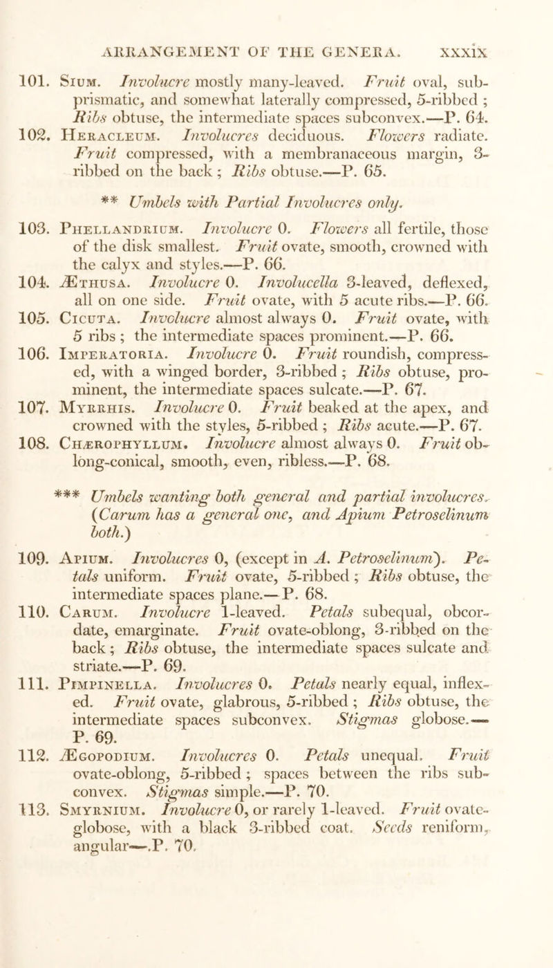 101. Sium. Involucre mostly many-leaved. Fruit oval, sub- prismatic, and somewhat laterally compressed, 5-ribbed ; Ribs obtuse, the intermediate spaces subconvex.—P. 64. 102. Heracleum. Involucres deciduous. Flowers radiate. Fruit compressed, with a membranaceous margin, 3- ribbed on the back ; Ribs obtuse.—P. 65. ** Umbels with Partial Involucres only. 103. Phellandrium. Involucre 0. Flowers all fertile, those of the disk smallest. Fruit ovate, smooth, crowned with the calyx and styles.—P. 66. 104. JEthusa. Involucre 0. Involucella 3-leaved, deflexed, all on one side. Fruit ovate, with 5 acute ribs.—P. 66. 105. Cicuta. Involucre almost always 0. Fruit ovate, with 5 ribs ; the intermediate spaces prominent.—P. 66. 106. Imperatoria. Involucre 0. Fruit roundish, compress- ed, with a winged border, 3-ribbed ; Ribs obtuse, pro- minent, the intermediate spaces sulcate.—P, 67. 107. Myrrhis. Involucre 0. Fruit beaked at the apex, and crowned with the styles, 5-ribbed ; Ribs acute.—P. 67. 108. Ch/EROphyllum. Involucre almost always 0. Fruit ob- long-conical, smooth^ even, ribless.—P. 68. *** Umbels wanting both general and partial involucres- (Carum has a general one, and Apium Petroselinum both.) 109. Apium. Involucres 0, (except in A. Petroselinurn). Pe~ tals uniform. Fruit ovate, 5-ribbed ; Ribs obtuse, the intermediate spaces plane.— P. 68. 110. Carum. Involucre 1-leaved. Petals subequal, obcor- date, emarginate. Fruit ovate-oblong, 3-ribbed on the back; Ribs obtuse, the intermediate spaces sulcate and striate.—P. 69. 111. Pimpinella. Involucres 0. Petals nearly equal, index- ed. Fruit ovate, glabrous, 5-ribbed ; Ribs obtuse, the intermediate spaces subconvex. Stigmas globose.—= P. 69. 112. /Egopodium. Involucres 0. Petals unequal. Fruit ovate-oblong, 5-ribbed ; spaces between the ribs sub- convex. Stigmas simple.—P. 70. 113. Smyrnium. Involucre or rarely 1 -leaved. Fruit ovate- globose, with a black 3-ribbed coat. Seeds reniform, angular—.P. 70,