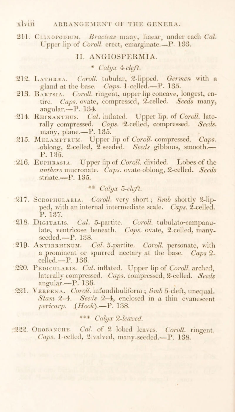 211. 0 lino podium. Bracteas many, linear, under each Cat Upper lip of Coroll, erect, emarginate.—P. 133. II. ANGIOSPEIIMIA. * Calyx deleft. 212. Latiikea. Coroll, tubular, 2-lipped. Germen with a gland at the base. Caps. 1 celled.—P. 135. 213. Bartsia. Coroll, ringent, upper lip concave, longest, en- tire. Caps, ovate, compressed, 2-celled. Seeds many, angular.—P. 134. 214. Rhinanthus. Cal. inflated. Upper lip. of Coroll, late- rally compressed. Caps. 2-celled, compressed. Seeds. many, plane.—P. 135. 215. Melampyrum. Upper lip of Coroll, compressed. Caps. oblong, 2-celled, 2-seeded. Seeds gibbous, smooth.— P. 135. 216. Euphrasia. Upper lip of Coroll, divided. Lobes of the anthers mucronate. Caps, ovate-oblong, 2-celled. Seeds striate.—P. 135. ** Calyx 5-el eft. 217. Scrophulauia. Coroll. very short; limb shortly 2-lij>- ped, with an internal intermediate scale. Caps. 2-celled. P. 137. 218. Digitalis. Cal. 5-partite. Coroll, tubulato-campanu- late, ventricose beneath. Caps, ovate, 2-celled, many- seeded.—P. 138. 219. Antirrhinum. Cal. 5-partite. Coroll, personate, with a prominent or spurred nectary at the base. Caps 2- celled.—P. 136. 220. Pedicularis. Cal. inflated. Upper lip of Coroll, arched, laterally compressed. Caps, compressed, 2-celled. Seeds angular.—P. 136. 221. Verbena. Coroll, infundibuliform ; limb 5-cleft, unequal. Stam 2-4. Seeds 2-4, enclosed in a thin evanescent pericarp). (IIool).—P. 138. *** Calyx 2-leaved. 222. Orobanciie. Cal. of 2 lobed leaves. Coroll, ringent. Caps. J-celled, 2-valved, many-seeded.—P. 138.