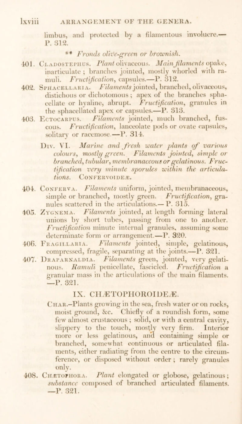 limbus, and protected by a filamentous involucre.— P. 312. *f Fronds olive-green or brownish. 401. C i. a dost e mi us. Plant olivaceous. Main filaments opake, inarticulate ; branches jointed, mostly whorled with ra- muli. Fructification, capsules.—P. 312. 402. Sphacellaria. Filaments jointed, branched, olivaceous, distichous or dichotomous; apex of the branches spha- cellate or hyaline, abrupt. Fructification, granules in the sphacellated apex or capsules.—P. 313. 403. Ectocarpus. Filaments jointed, much branched, fus- cous. Fructification, lanceolate pods or ovate capsules, solitary or racemose.—P. 314. Div. VI. Marine and fresh water plants of various colours, mostly green. Filaments jointed, simple or branched, tubular, membranaceous or gelatinous. Fruc- tification very minute sporules within the articula- tions. CoNFEltVOI UE.E, 404. Conferva. Filaments uniform, jointed, membranaceous, simple or branched, mostly green. Fructification, gra- nules scattered in the articulations.— P. 315. 405. Zygnema. Filaments jointed, at length forming lateral unions by short tubes, passing from one to another. Fructification minute internal granules, assuming some determinate form or arrangement.—P. 320. 406. Fragii.laria. Filaments jointed, simple, gelatinous, compressed, fragile, separating at the joints.—P. 321. 407. Draparnaldia. Filaments green, jointed, very gelati- nous. llamuli penicellate, fascicled. Fructification a granular mass in the articulations of the main filaments. —P. 321. IX. CILETOPIiOROI DE/E. Char.-Plants growing in the sea, fresh water or on rocks, moist ground, &c. Chiefly of a roundish form, some few almost crustaceous ; solid, or with a central cavity, slippery to the touch, mostly very firm. Interior more or less gelatinous, and containing simple or branched, somewhat continuous or articulated fila- ments, either radiating from the centre to the circum- ference, or disposed without order ; rarely granules only. 408. Ch.etophora. Plant elongated or globose, gelatinous; substance composed of branched articulated filaments. —P. 321.