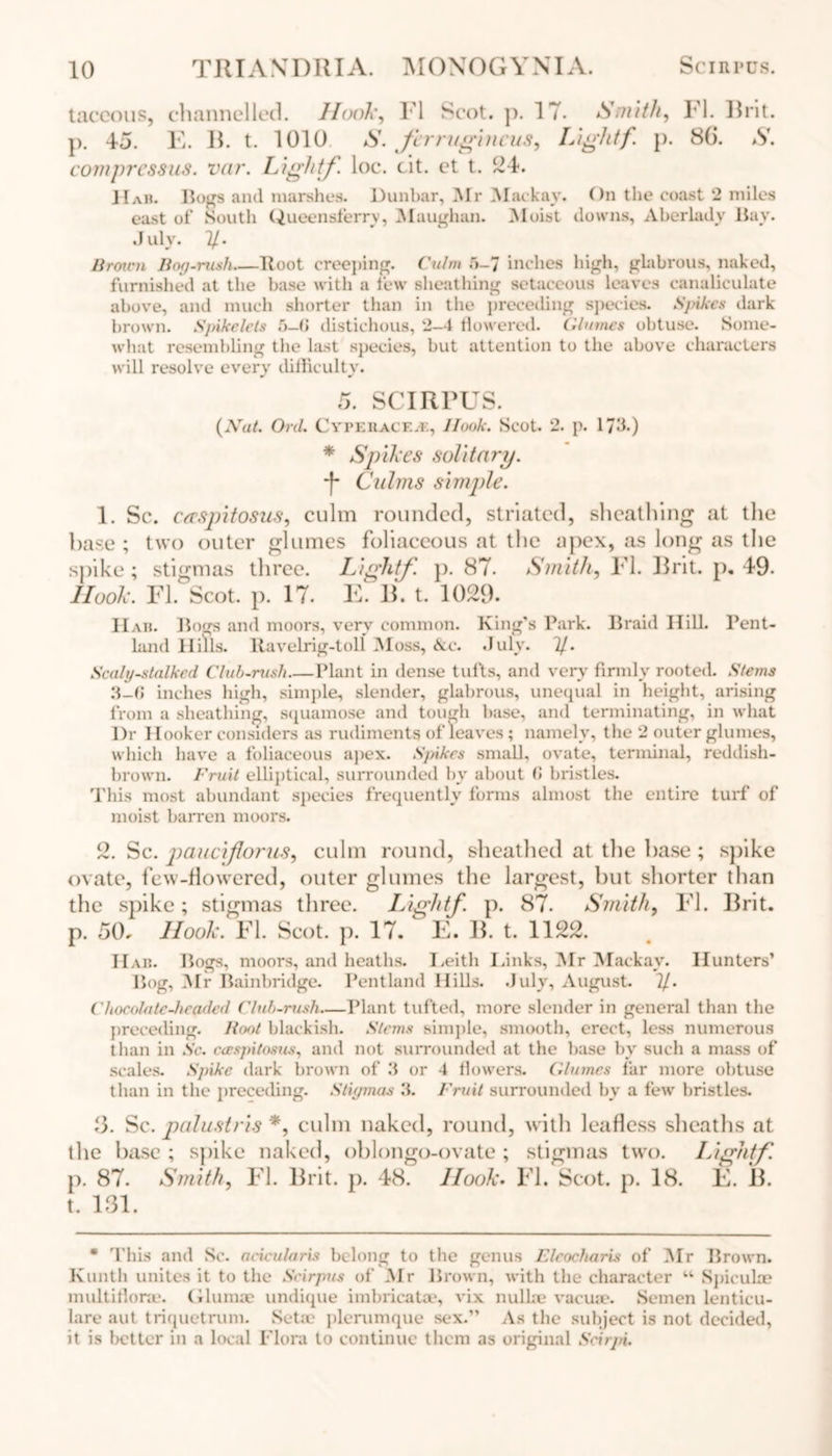 taceous, channelled. Hook, l'l Scot. p. 17. Smith, FI. Brit, p. 45. E. B. t. 1010 S. ferruginous. Lightf. p. 80. S. compressus. var. Lightf. loc. cit. et t. 24. Hab. Bogs and marshes. Dunbar, Mr Mack ay. On the coast 2 miles east of South Queensferry, M a ugh an. Moist downs, Aberlady Bay. July. Brm.cn Bog-rush Boot creeping. Culm 5-7 inches high, glabrous, naked, furnished at the base with a few sheathing setaceous leaves canaliculate above, and much shorter than in the preceding species. Spikes dark brown. Spikelets f>-(> distichous, 2-4 flowered. Glumes obtuse. Some- what resembling tiie last species, but attention to the above characters will resolve every difficulty. 5. SCIRPUS. (Nut. Orel. Cyperace.*, Hook. Scot. 2. p. 173.) * Spikes solitary. •f- Culms simple. 1. Sc. caspitosus, culm rounded, striated, sheathing at the base ; two outer glumes foliaceous at the apex, as long as the spike; stigmas three. Lightf p. 87. Smith, FI. Brit. p. 49. Hook. FI. Scot. p. 17. E. B. t. 1029. Hab. Bogs and moors, very common. King's Park. Braid Hill. Pent- land Hills. Ravelrig-tolf Moss, Ac. July. 1/. Scaly-stalked. Club-rush Plant in dense tufts, and very firmly rooted. Stems 3-6 inches high, simple, slender, glabrous, unequal in height, arising from a sheathing, squamose and tough base, and terminating, in what I)r Hooker considers as rudiments of leaves; namely, the 2 outer glumes, which have a foliaceous apex. Spikes small, ovate, terminal, reddish- brown. Fruit elliptical, surrounded by about C bristles. This most abundant species frequently forms almost the entire turf of moist barren moors. 2. Sc. pauciflorus, culm round, sheathed at the base ; spike ovate, few-flowered, outer glumes the largest, but shorter than the spike; stigmas three. Lightf. p. 87. Smith, El. Brit, p. 5Cb Hook. El. Scot. p. 17. E. B. t. 1122. Hab. Bogs, moors, and heaths. Keith Kinks, Mr Mackay. Hunters’ Bog, Mr Bainbridge. Pentland Hills. July, August. 7/. Chocolate-headed Club-rush—Plant tufted, more slender in general than the preceding. Hoot blackish. Sterns simple, smooth, erect, less numerous than in Sc. ceespitoms, and not surrounded at the base by such a mass of scales. Spike dark brown of 3 or 4 flowers. Glumes far more obtuse than in the preceding. Stigmas 3. Fruit surrounded by a few bristles. 3. Sc. palustris *, culm naked, round, with leafless sheaths at the base ; spike naked, oblongo-ovate ; stigmas two. Lightf. p. 87. Smith, El. Brit. p. 48. Hook. El. Scot. p. 18. E. B. t. 131. * This and Sc. acicularis belong to the genus Fleocharis of Mr Brown. Kuntil unites it to the Scirpus of Mr Brown, with the character u Spiculre multitlone. Glumae undique imbricatae, vix nulhe vacuae. Semen lenticu- lare aut triquetrum. Setae plerumque sex.” As the subject is not decided, it is better in a local Flora to continue them as original Scirpi.