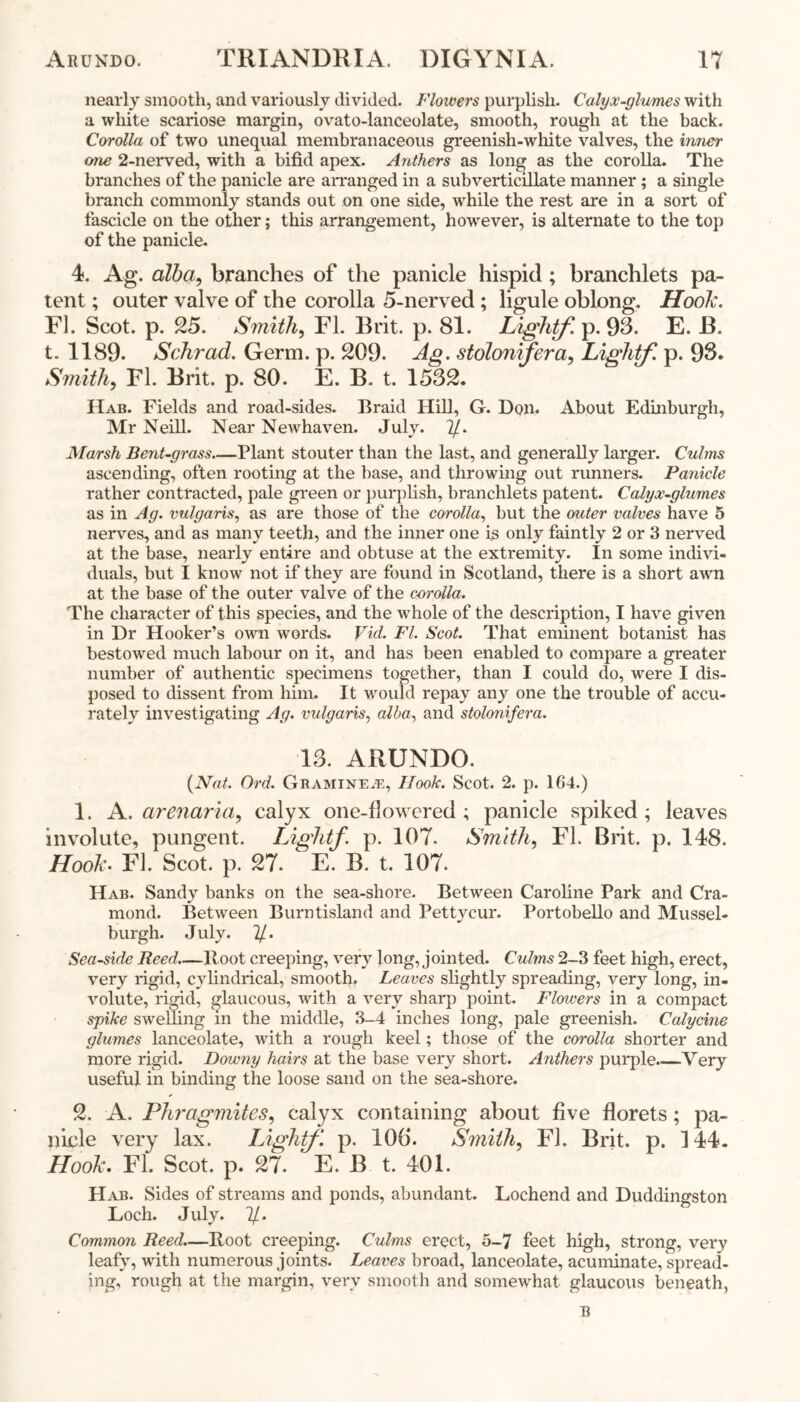 nearly smooth, and variously divided. Flowers purplish. Calyx-glumes with a white scariose margin, ovato-lanceolate, smooth, rough at the back. Corolla of two unequal membranaceous greenish-white valves, the inner one 2-nerved, with a bifid apex. Anthers as long as the corolla. The branches of the panicle are arranged in a subverticillate manner ; a single branch commonly stands out on one side, while the rest are in a sort of fascicle on the other; this arrangement, however, is alternate to the top of the panicle. 4. Ag. alba, branches of the panicle hispid; branchlets pa- tent ; outer valve of the corolla 5-nerved ; ligule oblong. Hook, El. Scot. p. 25. Smith, FI. Brit. p. 81. Lightf. p. 93. E. B. t. 1189. Schrad. Germ. p. 209. Ag. stolonifera, Lightf. p. 98. Smith, El. Brit. p. 80. E. B. t. 1532. Hab. Fields and road-sides. Braid Hill, G. Don. About Edinburgh, Mr Neill. Near Newhaven. July. If. Marsh Bent-grass—Plant stouter than the last, and generally larger. Culms ascending, often rooting at the base, and throwing out runners. Panicle rather contracted, pale green or purplish, branchlets patent. Calyx-glumes as in Ag. vulgaris, as are those of the corolla, but the outer valves have 5 nerves, and as many teeth, and the inner one is only faintly 2 or 3 nerved at the base, nearly entire and obtuse at the extremity. In some indivi- duals, but I know not if they are found in Scotland, there is a short awn at the base of the outer valve of the corolla. The character of this species, and the whole of the description, I have given in Dr Hooker’s own words. Vid. FI. Scot. That eminent botanist has bestowed much labour on it, and has been enabled to compare a greater number of authentic specimens together, than I could do, were I dis- posed to dissent from him. It would repay any one the trouble of accu- rately investigating Ag. vulgaris, alba, and stolonifera. 13. ARUNDO. {Nat. Ord. Graminess, Hook. Scot. 2. p. 164.) 1. A. arenaria, calyx one-flowered; panicle spiked; leaves involute, pungent. Lightf. p. 107. Smith, El. Brit. p. 148. Hook. FI. Scot. p. 27.  E. B. t. 107. Hab. Sandy banks on the sea-shore. Between Caroline Park and Cra- mond. Between Burntisland and Pettycur. Portobello and Mussel- burgh. July. If. Sea-side Reed—lloot creeping, very long, jointed. Culms 2-3 feet high, erect, very rigid, cylindrical, smooth. Leaves slightly spreading, very long, in- volute, rigid, glaucous, with a very sharp point. Flowers in a compact spike swelling in the middle, 3-4 inches long, pale greenish. Calycine glumes lanceolate, with a rough keel; those of the corolla shorter and more rigid. Downy hairs at the base very short. Anthers purple Very useful in binding the loose sand on the sea-shore. 2. A. Phragmites, calyx containing about five florets; pa- nicle very lax. Lightf. p. 106. Smith, El. Brit. p. 144. Hook. FI. Scot. p. 27. E. B t. 401. Hab. Sides of streams and ponds, abundant. Lochend and Duddingston Loch. July. 7/. Common Reed.—Boot creeping. Culms erect, 5-7 feet high, strong, very leafy, with numerous joints. Leaves broad, lanceolate, acuminate, spread- ing, rough at the margin, very smooth and somewhat glaucous beneath, b