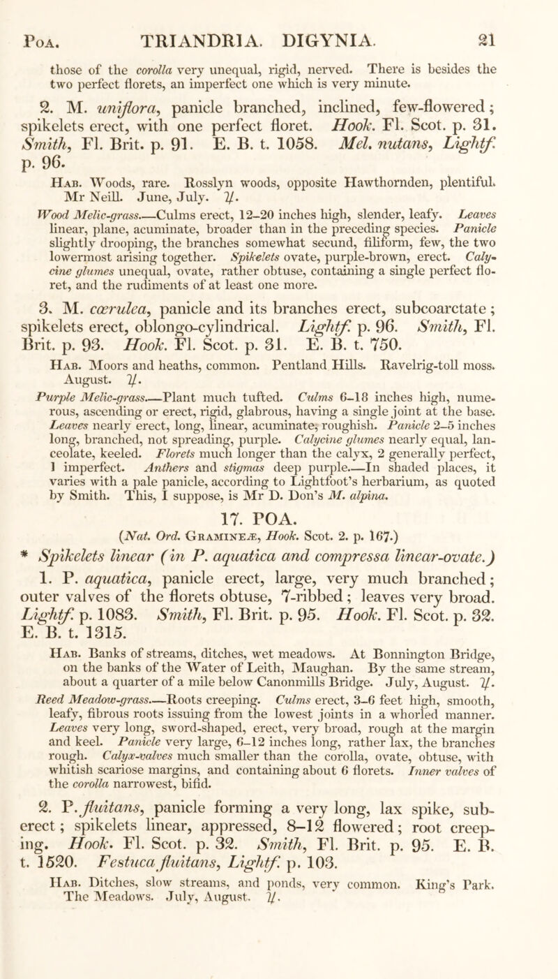 those of the corolla very unequal, rigid, nerved. There is besides the two perfect florets, an imperfect one which is very minute. 2. M. uniflora, panicle branched, inclined, few-flowered; spikelets erect, with one perfect floret. Hook. FI. Scot. p. 31. Smith, FI. Brit. p. 91. E. B. t. 1058. Mel, nutans, Lightf. p. 96. Hab. Woods, rare. Itosslyn woods, opposite Hawthornden, plentiful. Mr Neill. June, July. 7/. Wood Melic-grass Culms erect, 12-20 inches high, slender, leafy. Leaves linear, plane, acuminate, broader than in the preceding species. Panicle slightly drooping, the branches somewhat secund, filiform, few, the two lowermost arising together. Spikelets ovate, purple-brown, erect. Caly- cine glumes unequal, ovate, rather obtuse, containing a single perfect flo- ret, and the rudiments of at least one more. 3. M. coerulea, panicle and its branches erect, subcoarctate ; spikelets erect, oblongo-cylindrical. Liglitf. p. 96. Smith, FI. Brit. p. 93. Hook. FI. Scot. p. 31. E. B. t. 750. Hab. Moors and heaths, common. Pentland Hills. Itavelrig-toll moss. August. 7/. Purple Melic-grass—Plant much tufted. Culms 6-18 inches high, nume- rous, ascending or erect, rigid, glabrous, having a single joint at the base. Leaves nearly erect, long, linear, acuminate, roughish. Panicle 2-5 inches long, branched, not spreading, purple. Calycine glumes nearly equal, lan- ceolate, keeled. Florets much longer than the calyx, 2 generally perfect, 1 imperfect. Anthers and stigmas deep purple.—In shaded places, it varies with a pale panicle, according to Lightfoot’s herbarium, as quoted by Smith. This, I suppose, is Mr D. Don’s M. alpina. 17. POA. (Nat. Ord. Gramine^e, Hook. Scot. 2. p. 167.) * Spikelets linear (in P. aquatica and compressa linear-ovate.) 1. P. aquatica, panicle erect, large, very much branched; outer valves of the florets obtuse, 7-ribbed; leaves very broad. Lightf. p. 1083. Smith, FI. Brit. p. 95. Hook. FI. Scot. p. 32. E.^B. t. 1315. Hab. Banks of streams, ditches, wet meadows. At Bonnington Bridge, on the banks of the Water of Leith, Maughan. By the same stream, about a quarter of a mile below Canonmills Bridge. July, August. 7/. Peed Meadow-grass—Roots creeping. Culms erect, 3-6 feet high, smooth, leafy, fibrous roots issuing from the lowest joints in a whorled manner. Leaves very long, sword-shaped, erect, very broad, rough at the margin and keel. Panicle very large, 6-12 inches long, rather lax, the branches rough. Calyx-valves much smaller than the corolla, ovate, obtuse, with whitish scariose margins, and containing about 6 florets. Inner valves of the corolla narrowest, bifid. 2. P.fuitans, panicle forming a very long, lax spike, sub- erect; spikelets linear, appressed, 8-12 flowered; root creep- ing. Hook. FI. Scot. p. 32. Smith, FI. Brit. p. 95. E. B. t. 3520. Festuca fluitans, Lightf. p. 103. Hab. Ditches, slow streams, and ponds, very common. King’s Park. The Meadows. July, August. 7/.