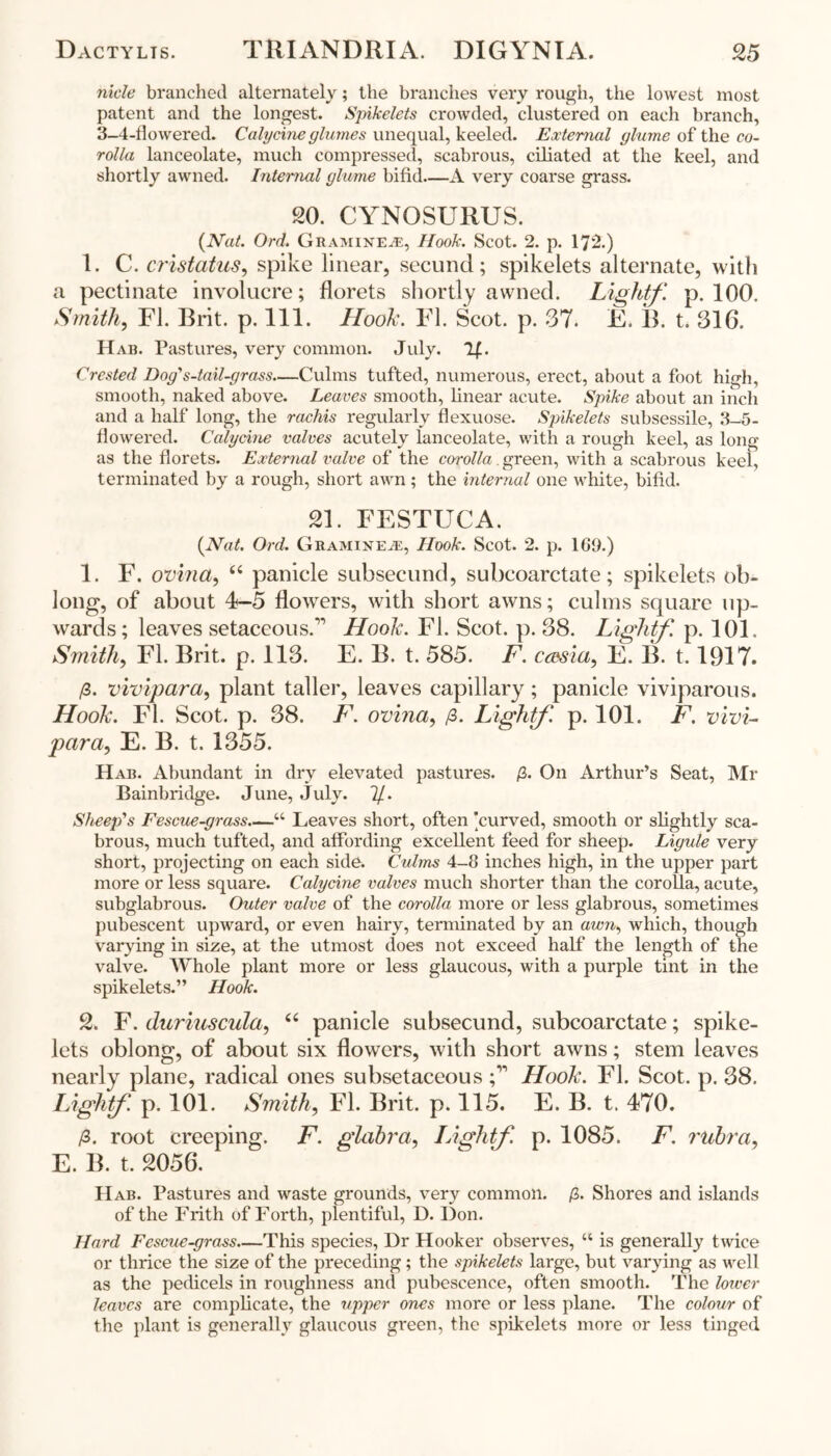 nicle branched alternately; the branches very rough, the lowest most patent and the longest. Spikelets crowded, clustered on each branch, 3-4-flowered. Calycine glumes unequal, keeled. External glume of the co- rolla lanceolate, much compressed, scabrous, ciliated at the keel, and shortly awned. Internal glume bifid—A very coarse grass. 20. CYNOSURUS. (Nat. Ord. Gramineje, Hook. Scot. 2. p. 172.) 1. C. cristatus, spike linear, secund; spikelets alternate, with a pectinate involucre; florets shortly awned. Lightf. p. 100. Smith, FI. Brit. p. 111. Hook. FI. Scot. p. 37. F. B. t. 316. Hab. Pastures, very common. July. If-. Crested Dog's-tail-grass—Culms tufted, numerous, erect, about a foot high, smooth, naked above. Leaves smooth, linear acute. Spike about an inch and a half long, the rachis regularly flexuose. Spikelets subsessile, 3-5- flowered. Calycine valves acutely lanceolate, with a rough keel, as long as the florets. External valve of the corolla. green, with a scabrous keel, terminated by a rough, short awn; the internal one white, bifid. 21. FESTUCA. (Nat. Ord. Gramixe.®, Hook. Scot. 2. p. 169.) 1. F. ovina, “ panicle subsecund, subcoarctate; spikelets ob- long, of about 4-5 flowers, with short awns; culms square up- wards; leaves setaceous.’'’ Hook. FI. Scot. p. 38. Lightf. p. 101. Smith, FI. Brit. p. 113. E. B. t. 585. F. c<mici, E. B. 1.1917. /3. vivipara, plant taller, leaves capillary; panicle viviparous. Hook. FI. Scot. p. 38. F. ovina, /3. Light/', p. 101. F. vivi- para, E. B. t. 1355. Hab. Abundant in dry elevated pastures, fi. On Arthur’s Seat, Mr Cambridge. June, July. g. Sheep's Fescue-grass—u Leaves short, often ’curved, smooth or slightly sca- brous, much tufted, and affording excellent feed for sheep. Ligule very short, projecting on each side. Culms 4-8 inches high, in the upper part more or less square. Calycine valves much shorter than the corolla, acute, subglabrous. Outer valve of the corolla more or less glabrous, sometimes pubescent upward, or even hairy, terminated by an awn, which, though varying in size, at the utmost does not exceed half the length of the valve. Whole plant more or less glaucous, with a purple tint in the spikelets.” Hook. 2. F. duriuscula, “ panicle subsecund, subcoarctate; spike- lets oblong, of about six flowers, with short awns; stem leaves nearly plane, radical ones subsetaceous Hook. FI. Scot. p. 38. Lightf. p. 101. Smith, FI. Brit. p. 115. E. B. t. 470. /3. root creeping. F. glabra, IAghtf. p. 1085. F. rubra, E. B. t. 2056. Hab. Pastures and waste grounds, very common. /1. Shores and islands of the Frith of Forth, plentiful, D. Don. Hard Fesczie-grass—This species, Dr Hooker observes, “ is generally twice or thrice the size of the preceding; the spikelets large, but varying as well as the pedicels in roughness and pubescence, often smooth. The lower leaves are complicate, the upper ones more or less plane. The colour of the plant is generally glaucous green, the spikelets more or less tinged