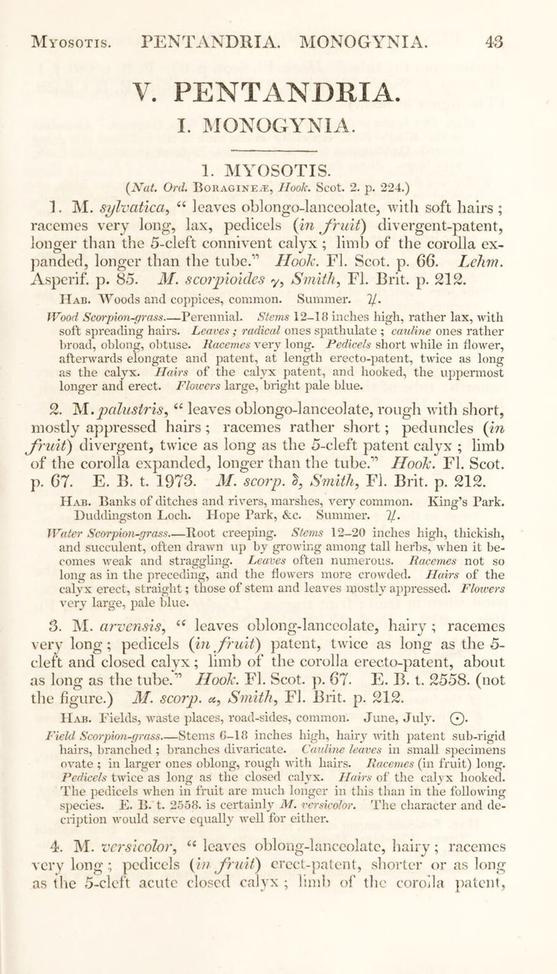 V. PENTANDRIA. I. MONOGYNIA. 1. MYOSOTIS. (Nat. Ord. Boragine.®, Hook. Scot. 2. p. 224.) 1. M. sylvatica, “ leaves oblongo-lanceolate, with soft hairs ; racemes very long, lax, pedicels (in fruit') divergent-patent, longer than the 5-cleft connivent calyx ; limb of the corolla ex- panded, longer than the tube.” Hook. FI. Scot. p. 66. Lehm. Asperif. p. 85. M. scorpioides y, Smith, El. Brit. p. 212. Had. Woods and coppices, common. Summer. 2/. Wood Scorpion-grass Perennial. Stems 12-18 inches high, rather lax, with soft spreading hairs. Leaves; radical ones spathulate ; cauline ones rather broad, oblong, obtuse. Racemes very long. Pedicels short while in flower, afterwards elongate and patent, at length erecto-patent, twice as long as the calyx. Hairs of the calyx patent, and hooked, the uppermost longer and erect. Flowers large, bright pale blue. 2. M.palustris, “ leaves oblongo-lanceolate, rough with short, mostly appressecl hairs; racemes rather short; peduncles (in fruit) divergent, twice as long as the 5-cleft patent calyx ; limb of the corolla expanded, longer than the tube.1’ Hook. FI. Scot, p. 67. E. B. t. 1973. M. scorp. Smith, El. Brit. p. 212. IIab. Banks of ditches and rivers, marshes, very common. King’s Park. Duddingston Loch. Hope Park, &c. Summer. 11. Water Scorpion-grass—Boot creeping. Stems 12-20 inches high, thickish, and succulent, often drawn up by growing among tall herbs, when it be- comes weak and straggling. Leaves often numerous. Racemes not so long as in the preceding, and the flowers more crowded. Hairs of the calyx erect, straight; those of stem and leaves mostly appressed. Flowers very large, pale blue. 3. M. arvensis, u leaves oblong-lanceolate, hairy ; racemes very long; pedicels (in fruit) patent, twice as long as the 5- cleft and closed calyx; limb of the corolla erecto-patent, about as long as the tube.”’ Hook. FI. Scot. p. 67- E. B. t. 2558. (not the figure.) M. scorp. «, Smith, El. Brit. p. 212. Hab. Fields, waste places, road-sides, common. June, July. Q. Field Scorpion-grass—Stems 6-18 inches high, hairy with patent sub-rigid hairs, branched ; branches divaricate. Cauline leaves in small specimens ovate ; in larger ones oblong, rough with bail's. Racemes (in fruit) long. Pedicels twice as long as the closed calyx. Hans of the calyx hooked. The pedicels when in fruit are much longer in this than in the following species. E. B. t. 2558. is certainly M. versicolor. The character and de- cription would serve equally well for either. 4. M. versicolor, 66 leaves oblong-lanceolate, hairy; racemes very long ; pedicels (in fruit) erect-patent, shorter or as long as the 5-cleft acute closed calyx ; limb of the corolla patent,