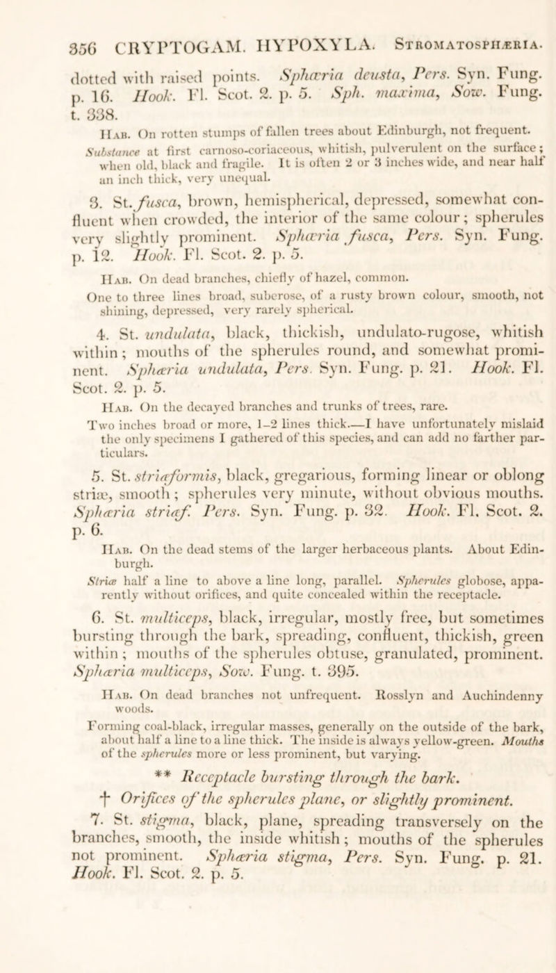350 CRYPTOGAM. HYPOXYLA. Stromatospii.eria. dotted with raised points. Sphccria deusta, lets. S\n. Fung, p. l(j. Hook. FI. Scot. 2. p. 5. Sph. maxima, Sow. Fung. t. 338. Hab. On rotten stumps of fallen trees about Edinburgh, not frequent. Substance at first carnoso-coriaceous, whitish, pulverulent on the surface;^ when old, black and fragile. It is often 2 or 3 inches wide, and near half an inch thick, very unequal 3. St. fuscci, brown, hemispherical, depressed, somewhat con- fluent when crowded, the interior of the same colour; spherules very slightly prominent. Splueria fusca, Pcrs. Syn. Fung, p. 12. Hook. FI. Scot. 2. p. 5. II ab. On dead branches, chiefly of hazel, common. One to three lines broad, suberose, of a rusty brown colour, smooth, not shining, depressed, very rarely spherical. 4. St. undulata, black, thickish, undulato-rugose, whitish within; mouths of the spherules round, and somewhat promi- nent. Splueria undulata, Pers. Syn. Fung. p. 21. Hook. FI. Scot. 2. p. 5. Hab. On the decayed branches and trunks of trees, rare. Two inches broad or more, 1-2 lines thick—I have unfortunately mislaid the only specimens I gathered of this species, and can add no farther par- ticulars. 5. St. strixformis, black, gregarious, forming linear or oblong striae, smooth; spherules very minute, without obvious mouths. Spheeria striaf. Pcrs. Syn. Fung. p. 32. Hook. FI. Scot. 2. p. 6. IIab. On the dead stems of the larger herbaceous plants. About Edin- burgh. Strus half a line to above a line long, parallel. Spherules globose, appa- rently without orifices, and quite concealed within the receptacle. G. St. multiceps, black, irregular, mostly free, but sometimes bursting through the bark, spreading, confluent, thickish, green within ; mouths of the spherules obtuse, granulated, prominent. Splueria multiceps, Soic. Fung. t. 395. IIab. On dead branches not unfrequent, liosslyn and Auchindenny woods. Forming coal-black, irregular masses, generally on the outside of the bark, about half a line to a line thick. The inside is always yellow-green. Mouths of the spherules more or less prominent, but varying. ** Receptacle bursting through the bark, f Orifices of the spherules plane, or slightly prominent. 7. St. stigma, black, plane, spreading transversely on the branches, smooth, the inside whitish ; mouths of the spherules not prominent. Splueria stigma, Pers. Syn. Fung. p. 21.