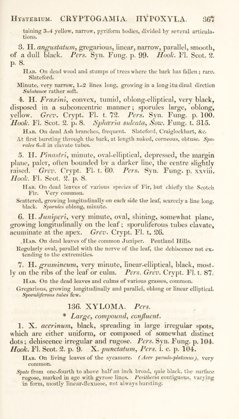 taining 3-4 yellow, narrow, pyriform bodies, divided by several articula- tions. 3. H. angustatum, gregarious, linear, narrow, parallel, smooth, of a dull black. Pers. Syn. Fung. p. 99. Hook. FI. Scot. 2. p. 8. Hab. On dead wood and stumps of trees where the bark has fallen ; rare. Slateford. Minute, very narrow, 1-2 lines long, growing in a longitudinal dirction Substance rather soft. 4. H. Fraxini, convex, tumid, oblong-elliptical, very black, disposed in a subconcentric manner; sporules large, oblong, yellow. Grev. Crypt. FI. t, 72. Pers. Syn. Fung. p. 100. Hook. FI. Scot. 2. p. 8. Sphcci'ia sulcata, Yoze. Fung. t. 315. Hab. On dead Ash branches, frequent. Slateford, Craiglockhart, &c. At first bursting through the bark, at length naked, corneous, obtuse. Spo- rules G-8 in clavate tubes. 5. IT. Pinastri, minute, oval-elliptical, depressed, the margin plane, paler, often bounded by a darker line, the centre slightly raised. Grev. Crypt. FI. t. 00. Pers. Syn. Fung. p. xxviii. Hook. FI. Scot. 2. p. 8. Hab. On dead leaves of various species of Fir, but chiefly the Scotch Fir. Verv common. Scattered, growing longitudinally on each side the leaf, scarcely a line long, black. Sporules oblong, minute. 6. H. Juniperi, very minute, oval, shining, somewhat plane, growing longitudinally on the leaf; sporuliferous tubes clavate, acuminate at the apex. Grev. Crypt. FI. t. 26. ,Hab. On dead leaves of the common Juniper. Pentland Hills. llegularly oval, parallel with the nerve of the leaf, the dehiscence not ex- tending to the extremities. 7. H. gramineum, very minute, linear-elliptical, black, most- ly on the ribs of the leaf or culm. Pers. Grev. Crypt. FI. t. 87. Hab. On the dead leaves and culms of various grasses, common. Gregarious, groAving longitudinally and parallel, oblong or linear elliptical. Sporuliferous tubes few. 136. XYLOMA. Pers. * * Large, compound, conjluent. 1. X. acermum, black, spreading in large irregular spots, which are either uniform, or composed of somewhat distinct dots; dehiscence irregular and rugose. Pers. Syn. Fung. p. 104. Hook. FI. Scot. 2. p. 9- X. punctatum, Pers. 1. c. p. 104. Hab. On living leaves of the sycamore. (Acer pseudo-platanusJ, very common. Spots from one-fourth to above half an inch broad, quie black, the surface rugose, marked in age with gyrose lines. Perithecia contiguous, varying in form, mostly linear-flexuose, not always bursting.