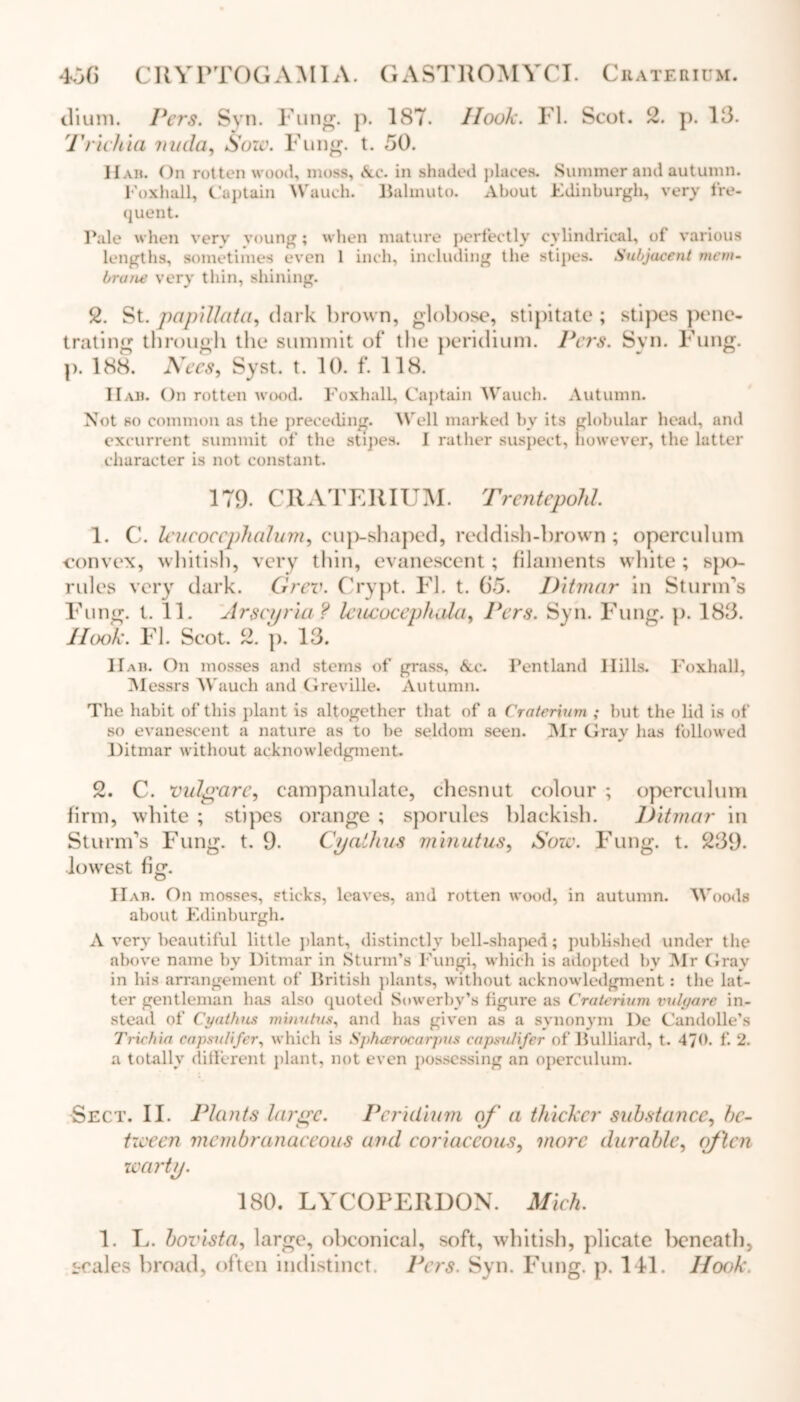 ilium. Pers. Syn. Fung. p. 1S7. Ilook. FI. Scot. 2. p. 13. Trichia mala, Sow. Fung. t. 50. Hah. On rotten wood, moss, &c. in shaded places. Summer and autumn. Foxhall, Captain Wauch. Balmuto. About Edinburgh, very fre- quent. Pale when very young; when mature perfectly cylindrical, of various lengths, sometimes even 1 inch, including the stipes. Subjacent mem- brane very thin, shining. 2. St. papillata, dark brown, globose, stipitate ; stipes pene- trating through the summit of the peridium. Pers. Syn. Fung, p. 188. Nees, Syst. t. 10. f. 118. IIah. On rotten wood. Foxhall, Captain Wauch. Autumn. Not so common as the preceding. Well marked by its globular head, and excurrent summit of the stipes. I rather suspect, however, the latter character is not constant. 179. CRATEllIUM. Trentepohl. 1. C. leucoccplialum, cup-shaped, reddish-brown ; operculum convex, whitish, very thin, evanescent; filaments white ; s}>o- rules very dark. Grev. Crypt. FI. t. 65. Ditmar in Sturm’s Fung. t. 11. Arscyria ? Icucocepluda, Pers. Syn. Fung. p. 183. Hook. FI. Scot. 2. p. 13. IIab. On mosses and stems of grass, &c. Pentland Hills. Foxhall, Messrs Wauch and Greville. Autumn. The habit of this plant is altogether that of a Craterium ; but the lid is of so evanescent a nature as to be seldom seen. Mr Gray has followed Ditmar without acknowledgment. 2. C. vulgar e, campanulate, chesnut colour ; operculum firm, white ; stipes orange ; sporules blackish. Ditmar in Sturm’s Fung. t. 9. Cyaihus minutus, Sow. Fung. t. 239. lowest fi£. O IIab. On mosses, sticks, leaves, and rotten wood, in autumn. ’Woods about Edinburgh. A very beautiful little plant, distinctly bell-shaped; published under the above name by Ditmar in Sturm’s Fungi, which is adopted bv Mr Gray in his arrangement of British plants, without acknowledgment: the lat- ter gentleman has also quoted Sowerby’s figure as Craterium vulyare in- stead of Cyathus minutus, and has given as a synonym De Candolle’s Trichia capsulifer, which is Spheerocarpus capsulifer of Bulliard, t. 470. f. 2. a totally different plant, not even possessing an operculum. Sect. II. Plants large. Peridium of a thicker substance, be- tween membranaceous and coriaceous, more durable, often warty. 180. LYCOPERDON. Mich. 1. L. bovista, large, obconical, soft, whitish, plicate beneath, scales broad, often indistinct. Pers. Syn. Fung. p. 141. Hook.