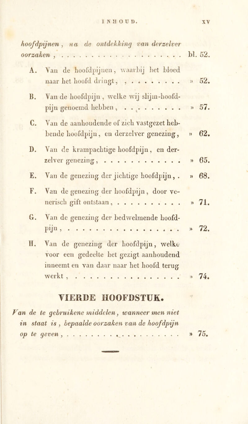 hoofdpijne^i, na de ontdekinng van derzelver oorzaken , bl. 52. A. Van de hoot'dpijueii, waarbij liet bloed naar bet boofd dringt, )> .52. B. Van de boofdpijn , w^elke wij slijm-boold- pijn genoemd bebben , . . ^ )» 57. C. Van de aanhoudende of zicb vastgezet beb- bende boofdpijn, en derzelver genezing, » 62. D. Van de krampacbtige boofdpijn , en der- zelver genezing » 65. E. Van de genezing der jichtige boofdpijn, . » 68. F. Van de genezing der boofdpijn, door ve- nerisch gift ontstaan , >»71, G. Van de genezing der bedwelmende boofd- pijïi »72. 11. Van de genezing der boofdpijn, welko voor een gedeelte bet gezigt aanhoudend inneemt en van daar naar bet boofd terug werkt )> 74. TIERDE HOOFDSTUK. Van de te gebruikene middelen, wanneer men niet in staat is , bepaalde oorzaken van de hoofdpijn op te geven , » 75.