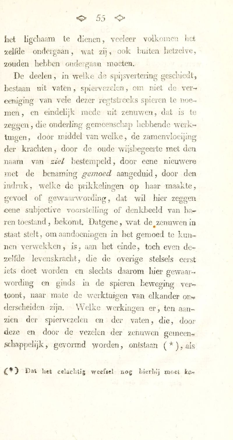 liet li'gcliaam te dienen, veeleer volkomen het ^zelfde oiideignaii, wat zij, ook l'mten hetzelve, zouden hebben oiuknejaaii moeten. De deelen, in w^eibe vin spijsvertering gegeniedt, bestaan uit vaten, spiervvezelen, om niet de ver- eeniging van vele dezer j egtsticeks spieren te noe- men, en eindelijk mede nit zentiv/cn, dat is te zeggen, die onderiing gcmeensdiap hebbende werk- lingen, door middel van welke, de zamenvlocijing der krachten, door de oude wiis])cgeerte met den naam van ziel bestempeld, door cene nieuwere met de benaming gemoed aaiigcduid, door den indrnk, welke dc prikkelingen op haar maakte, oevoel of newaanvordij-j^r, dat wil liier zea^eu cene siibjcctivc vocrsleiljng of denldreeld van ba.*^ ren toestand, bekomt. Datgene, wat de ^zenuwen in staat stelt, omaandoeniDgen in het gemoed te kun- nen verwekken, is, aan het einde, toch even de- zelfde levenskracht, die de overige stelsels eejst iets doet worden en slechts daai’om hier gewaar- wording en ginds in de spieren beweging ver- toont, naar mate de wcrktui<:{en van elkander on-^* dcrsclieiden zijn. Welke werkingen er, ten aan- zien der spiervezel en en der vaten, die, door deze en door dc vezelen der zenuwen gemeen-, schappelijk, gevormd worden, ontstaan ( ^ ), ais £^3 tict celachii’i; weefsel Bog bierLIj moei kci-?