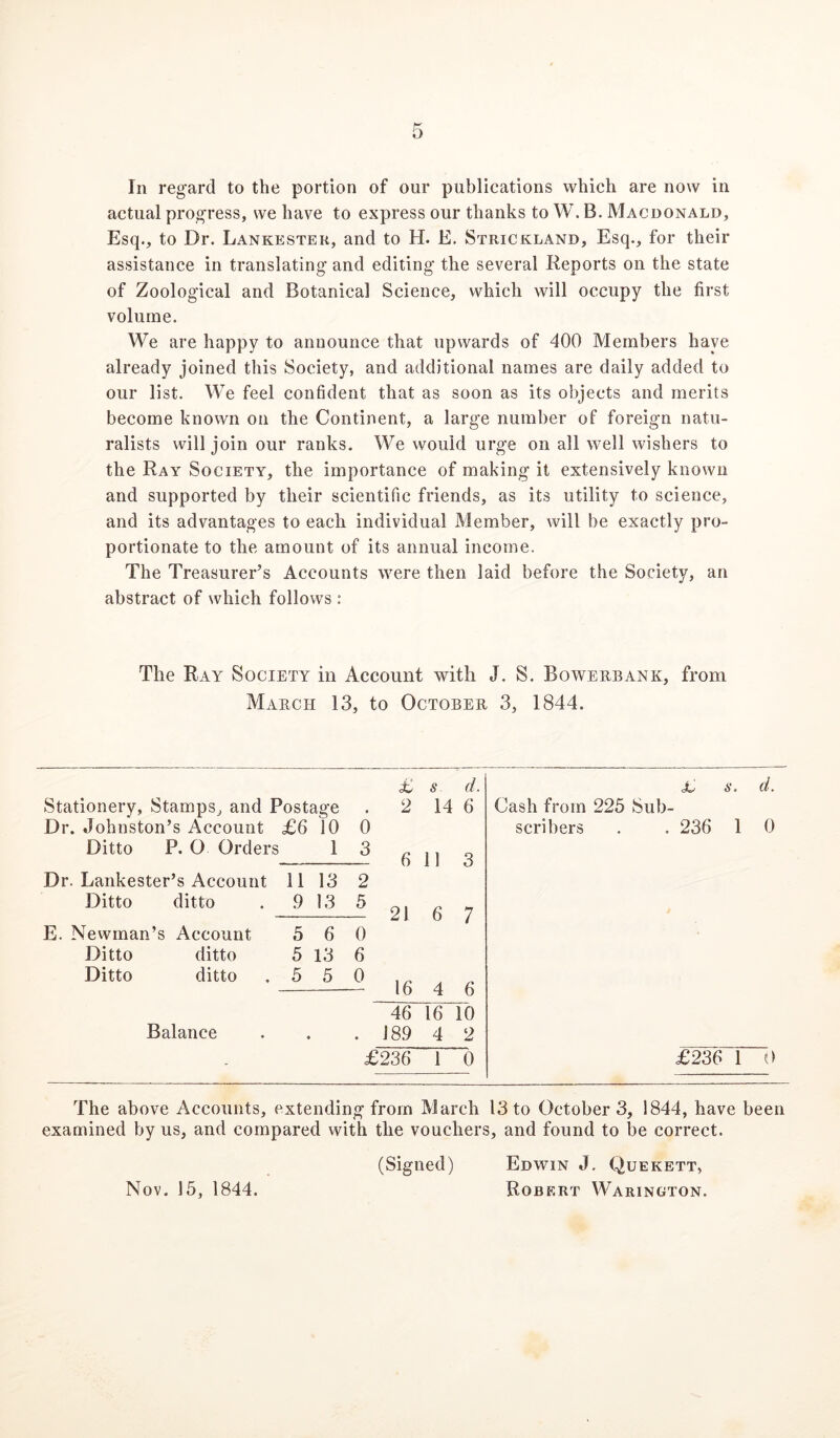 In regard to the portion of our publications which are now in actual progress, we have to express our thanks to W. B. Macdonald, Esq., to Dr. Lankester, and to H. E. Strickland, Esq., for their assistance in translating and editing the several Reports on the state of Zoological and Botanical Science, which will occupy the first volume. We are happy to announce that upwards of 400 Members have already joined this Society, and additional names are daily added to our list. We feel confident that as soon as its objects and merits become known on the Continent, a large number of foreign natu- ralists will join our ranks. We would urge on all well wishers to the Ray Society, the importance of making it extensively known and supported by their scientific friends, as its utility to science, and its advantages to each individual Member, will be exactly pro- portionate to the amount of its annual income. The Treasurer’s Accounts were then laid before the Society, an abstract of which follows : The Ray Society in Account with J. S. Boweubank, from March 13, to October 3, 1844. £ s d. 1 1 Stationery, Stamps, and Postage • 2 14 6 Cash from 225 Sub- Dr. Johnston’s Account £6 10 0 scribers , . 236 1 0 Ditto P. 0 Orders 1 3 6 11 3 Dr. Lankester’s Account 11 13 2 Ditto ditto .9 13 5 21 7 E. Newman’s Account 5 6 0 Ditto ditto 5 13 6 Ditto ditto 5 5 0 16 4 6 46 16 10 Balance . . 189 4 2 - £236 1 0 £236 1 The above Accounts, extending from March 13 to October 3, 1844, have been examined by us, and compared with the vouchers, and found to be correct. (Signed) Edwin J. Quekett, Nov. 15, 1844. Robert Warington.