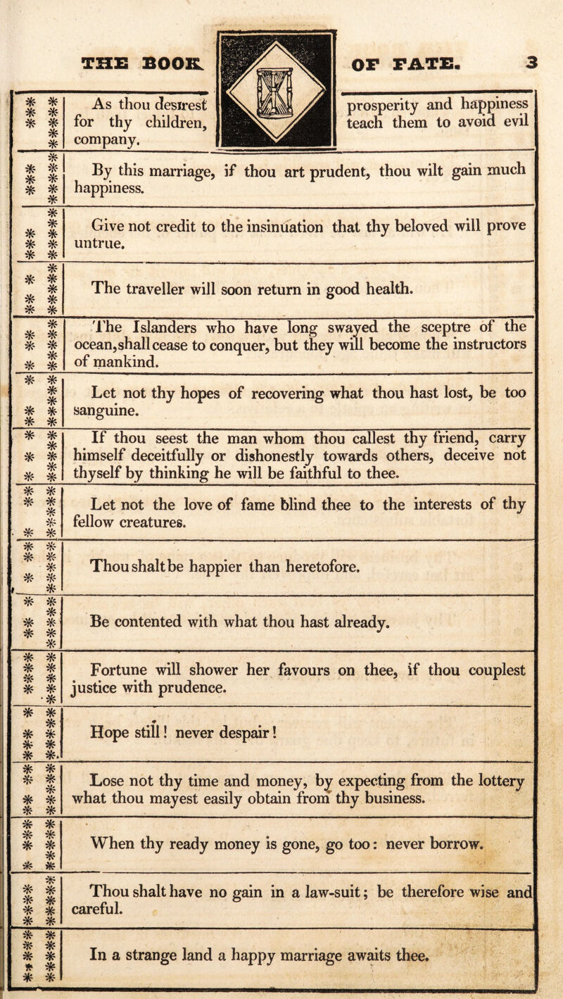 * * * * ^ * * * * * * ifc * ^ * * THE BOOK, As thou desirest for thy children, company. OF FATE. prosperity and happiness teach them to avoid evil By this marriage, if thou art prudent, thou wilt gain much happiness. * * * * * * * * Give not credit to the insinuation that thy beloved will prove untrue. * * * * * * * * The traveller will soon return in good health. * * * * * * ^ * The Islanders who have long swayed the sceptre of the ocean,shall cease to conquer, but they will become the instructors of mankind. ^ * * , * * * * * Let not thy hopes of recovering what thou hast lost, be too sanguine. * * * 3? * , * * * If thou seest the man whom thou callest thy friend, carry himself deceitfully or dishonestly towards others, deceive not thyself by thinking he will be faithful to thee. * * ^ * * * • * * Let not the love of fame blind thee to the interests of thy fellow creatures. * * * * ' * * * Thoushaltbe happier than heretofore. * * * * *■ ^ * Be contented with what thou hast already. * * * * * * ^ * •# Fortune will shower her favours on thee, if thou couplest justice with prudence. * * * * * * * * *. * Hope still! never despair! * * %■ * % * * * * Lose not thy time and money, by expecting from the lottery what thou mayest easily obtain from thy business. * * * * * ^ * When thy ready money is gone, go too: never borrow. , üfe * * * * * # * * Thoushalthave no gain in a law-suit; be therefore wise and careful. * * * * * * * * * * In a strange land a happy marriage awaits thee.