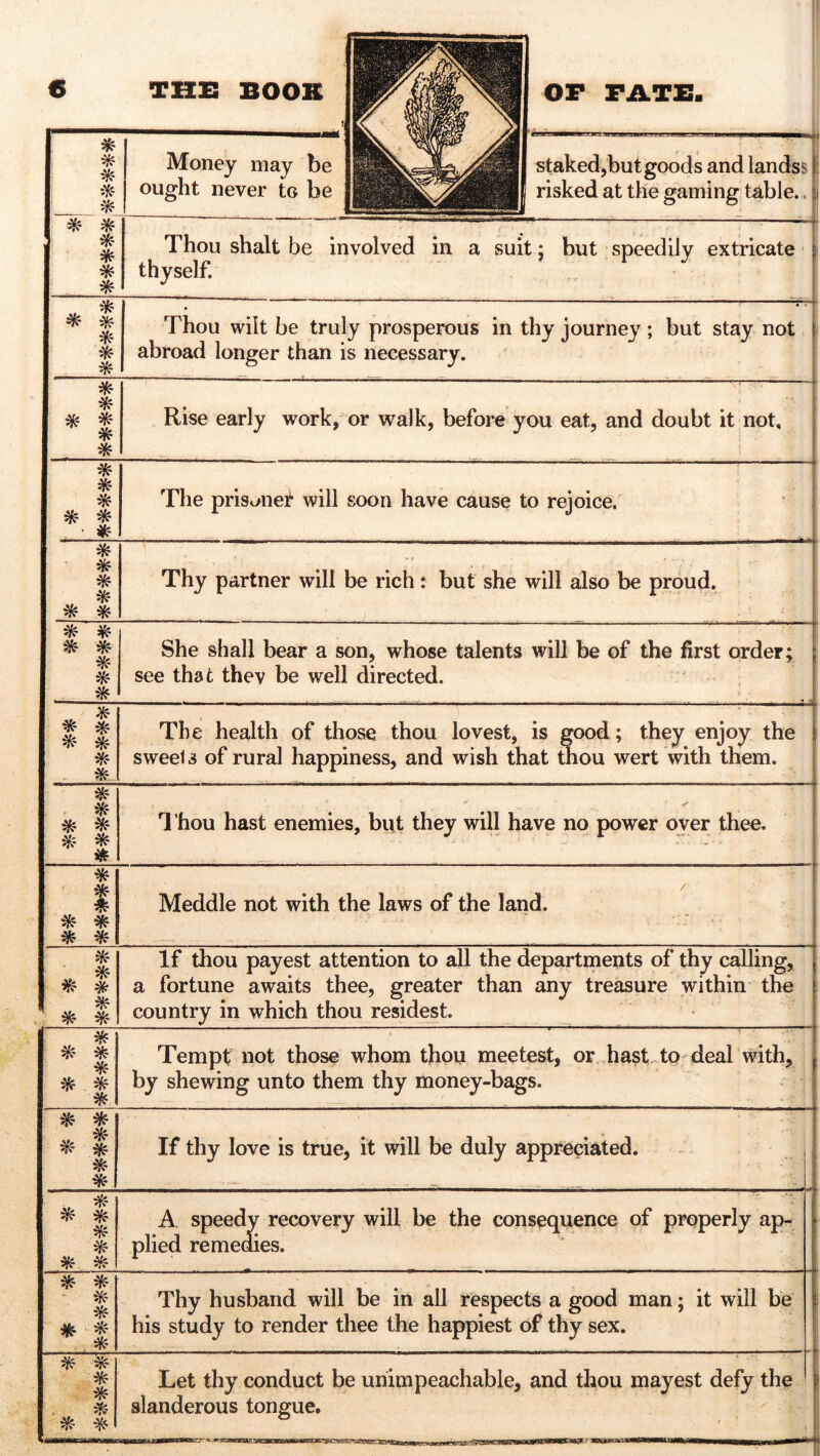 * * * * * Money may be ought never to be staked,but goods and lands* : risked at the gaming table. * * * * * * Thou shalt be involved in a suit; but speedily extricate thyself. * * * * * * Thou wilt be truly prosperous in thy journey; but stay not abroad longer than is necessary. * * * * * Rise early work, or walk, before you eat, and doubt it not, 1 • •' 1 v •' I * * * * * 1 * t The prisoned will soon have cause to rejoice. * * * * * * Thy partner will be rich: but she will also be proud. * # ^ * * * * She shall bear a son, whose talents will be of the first order; see that thev be well directed. # * * * * * * The health of those thou lovest, is good; they enjoy the ! sweets of rural happiness, and wish that thou wert with them. * * * ^ ifc * * Thou hast enemies, but they will have no power over thee. * * 1 * * Meddle not with the laws of the land. * * * # * * * If thou payest attention to all the departments of thy calling, a fortune awaits thee, greater than any treasure within the country in which thou resides!. * * * * * * * Tempt not those whom thou meetest, or hast to deal with, by shewing unto them thy money-bags. ^ * * 1 * * If thy love is true, it will be duly appreciated. * * * * * A speedy recovery will be the consequence of properly ap- - plied remedies. * * * * * t , * Thy husband will be in all respects a good man; it will be his study to render thee the happiest of thy sex. «**&& & & Let thy conduct be unimpeachable, and thou mayest defy the slanderous tongue.