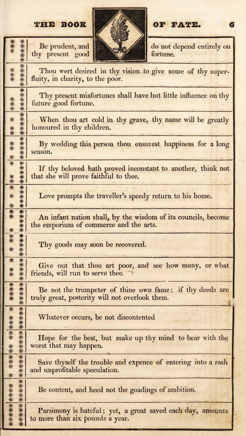 * * * * * * * Be prudent, and thy present good do not depend entirely on fortune. _ . * * * * * * * * Thou wert desired in thy vision to give some of thy super- fluity, in charity, to the poor. * * * * * * * * Thy present misfortunes shall have but little influence on thy future good fortune. * : * * * ■ * * ; * * When thou art cold in thy grave, thy name will be greatly honoured in thy children. * * * * * * * * By wedding this person thou ensurest happiness for a long season. * * * ; , * * * # * If thy beloved hath proved inconstant to another, think not that she will prove faithful to thee. * * * * * * * * Love prompts the traveller’s speedy return to his home. * * * * * * * * An infant nation shall, by the wisdom of its councils, become the emporium of commerce and the arts. * * # * * * * * Thy goods may soon be recovered. * * * * * : * f 1 . * Give out that thou art poor, and see how many, or what friends, will run to serve thee. 1 * * * * * * * * * Be not the trumpeter of thine own fame: if thy deeds are truly great, posterity will not overlook them. * * * # * * * * * Whatever occurs, be not discontented * * * * * * * * * Hope for the best, but make up thy mind to bear with the worst that may happen. I * * * * * * * * * , i Save thyself the trouble and expence of entering into a rash and unprofitable speculation. * * * * * * * * * Be content, and heed not the goadings of ambition. ifc * * * * * * * * * Parsimony is hateful; yet, a groat saved each day, amounts to more than six pounds a year.