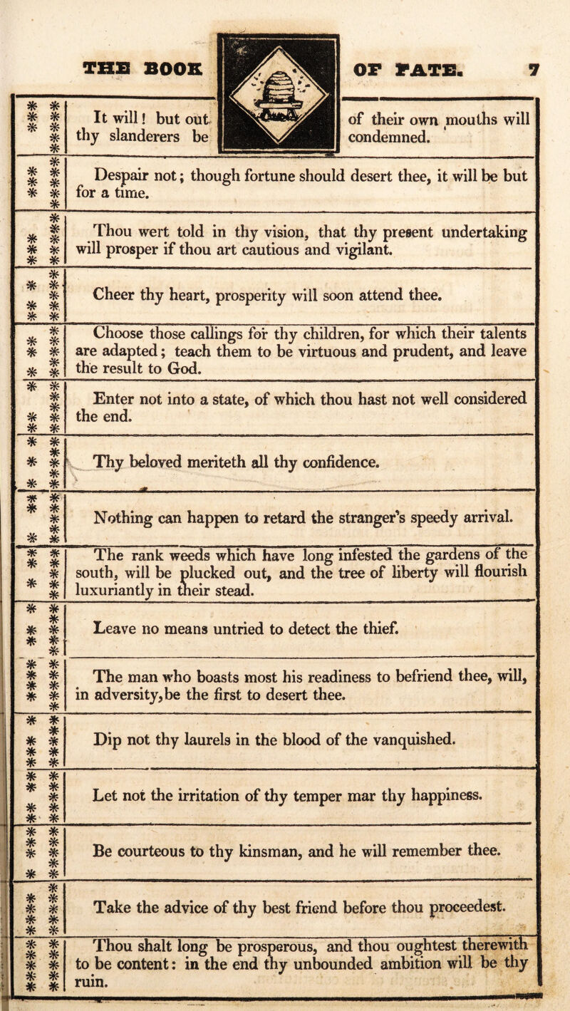 * * * * * * * It will! but out thy slanderers be of their own mouths will condemned. , * * * * * * * * Despair not; though fortune should desert thee, it will be but for a time. * * * * * * * * Thou wert told in thy vision, that thy present undertaking will prosper if thou art cautious and vigilant. * * *■ * * * * * Cheer thy heart, prosperity will soon attend thee. * * * * * , * * * Choose those callings for thy children, for which their talents are adapted; teach them to be virtuous and prudent, and leave the result to God. * * * * %■ * * Enter not into a state, of which thou hast not well considered the end. * * * * * . * * Thy beloved meriteth all thy confidence. * * * * „ * # *? Nothing can happen to retard the stranger’s speedy arrival. * # * * * * * * The rank weeds which have long infested the gardens of the south, will be plucked out, and the tree of liberty will flourish luxuriantly in their stead. * * * * * * tf- * * * * * * * * * * Leave no means untried to detect the thief. The man who boasts most his readiness to befriend thee, will, in adversity, be the first to desert thee. * * * * * * * * * Dip not thy laurels in the blood of the vanquished. * * * * * * * * * Let not the irritation of thy temper mar thy happiness. * * * * * * * * * Be courteous to thy kinsman, and he will remember thee. * * * * * * * * * Take the advice of thy best friend before thou proceedest. * * * * * * * * * * Thou shalt long be prosperous, and thou oughtest therewith to be content: in the end thy unbounded ambition will be thy ruin.