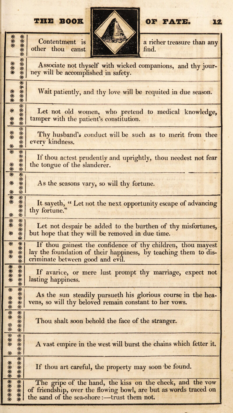 * * * * * * * * Contentment is other thou canst * * #- * * * * * a richer treasure than any find. Associate not thyself with wicked companions, and thy jour- ney will be accomplished in safety. * * * * * * * Wait patiently, and thy love will be requited in due season. * * * * * * * * Let not old women, who pretend to medical knowledge, tamper with the patient’s constitution. * * * * * * * * Thy husband’s conduct will be such as to merit from thee every kindness. * * * * * * * * If thou actest prudently and uprightly, thou needest not fear the tongue of the slanderer. * * , * * * * * * As the seasons vary, so will thy fortune. * * * * * * * * It sayeth, “ Let not the next opportunity escape of advancing thy fortune.” * * * * * # * * Let not despair be added to the burthen of thy misfortunes, but hope that they will be removed in due time. * * * * * * * #■ If thou gainest the confidence of thy children, thou mayest lay the foundation of their happiness, by teaching them to dis- criminate between good and evil. * * * * * # * * * If avarice, or mere lust prompt thy marriage, expect not lasting happiness. * * * * * * * * * As the sun steadily pursueth his glorious course in the hea- vens, so will thy beloved remain constant to her vows. * * * * « * * * Thou shalt soon behold the face of the stranger. * * * * * * * * A vast empire in the west will burst the chains which fetter it. * * * * * * * # * If thou art careful, the property may soon be found. The gripe of the hand, the kiss on the cheek, and the vow of friendship, over the flowing bowl, are but as words traced on the sand of the sea-shore:—trust them not. * * * * * * * * * *