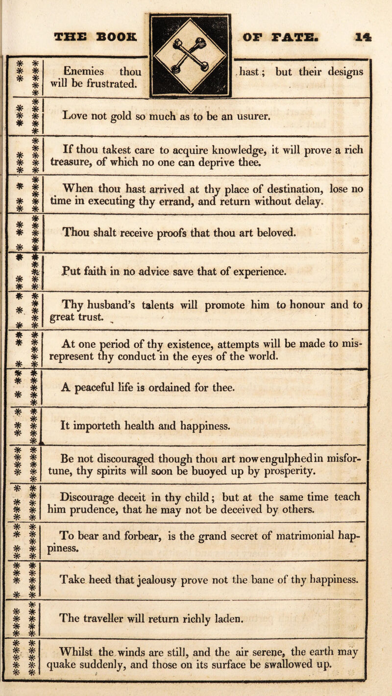 * * * * * * * Enemies thou will be frustrated. hast ; but their designs * * * * * * * * Love not gold so much as to be an usurer. * * * * * * * * If thou takest care to acquire knowledge, it will prove a rich treasure, of which no one can deprive thee. * * * * * * * When thou hast arrived at thy place of destination, lose no time in executing thy errand, and return without delay. 8 s * * * * * f Thou shalt receive proofs that thou art beloved. * * * $ * # | Put faith in no advice save that of experience. * * * * * * * * Thy husband's talents will promote him to honour and to great trust ' * * # * * * * * At one period of thy existence, attempts will be made to mis- represent thy conduct in the eyes of the world.  * * * * * ^ * * A peaceful life is ordained for thee. * *  * * * * * It importeth health and happiness. * * * * * * * * * Be not discouraged though thou art nowengulphedin misfor- tune, thy spirits will soon be buoyed up by prosperity. * * * * * * * * * V Discourage deceit in thy child; but at the same time teach him prudence, that he may not be deceived by others. * * * * * * * * * f To bear and forbear, is the grand secret of matrimonial hap- piness. * * * * * * * * * Take heed that jealousy prove not the bane of thy happiness. * * #■ * * * # * * The traveller will return richly laden. * * * * *' *■ * *; * * Whilst the winds are still, and the air serene, the earth may quake suddenly, and those on its surface be swallowed up.