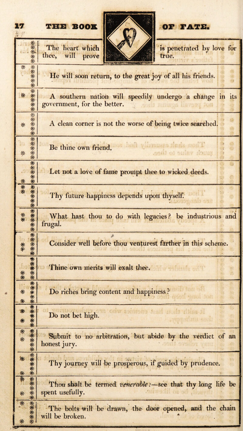 i *. * The heart which thee, will prove is penetrated by love for true. ■x * * * * * He will soon return, to the great joy of all his friends. * * * * * * A southern nation will speedily undergo a change in its government, for the better. * * * 8 * A clean corner is not the worse of being twice searched. * % * * * % ; ? - 1 * ■. * • v, j Be thine own friend. * * $ * *- * Let not a love of fame prompt thee to wicked deeds. ■ j _ * * * * * * * Thy future happiness depends upon thyself. * * * #■ ^ * * » * % What hast thou to do with legacies? be industrious and frugal. ^ * * * * #* # <*? * Consider well before thou venturest farther in this scheme. * * * * * - * * Thine own merits will exalt thee. * ^ * * # * * * Do riches bring content and happiness ? * * * * * * * Do not bet high. * | * t * * Submit to no arbitration, but abide by the verdict of an honest j ury. V ^ If * * * * • * . >.*',••. - ' ■ t T Thy journey will be prosperous, if guided by prudence. * | * * f * Thou shalt be termed venerablesee that thy long life be spent usefully. '* * * s * 1 * $ The bolts will be drawn, the door opened, and the chain will be broken. A