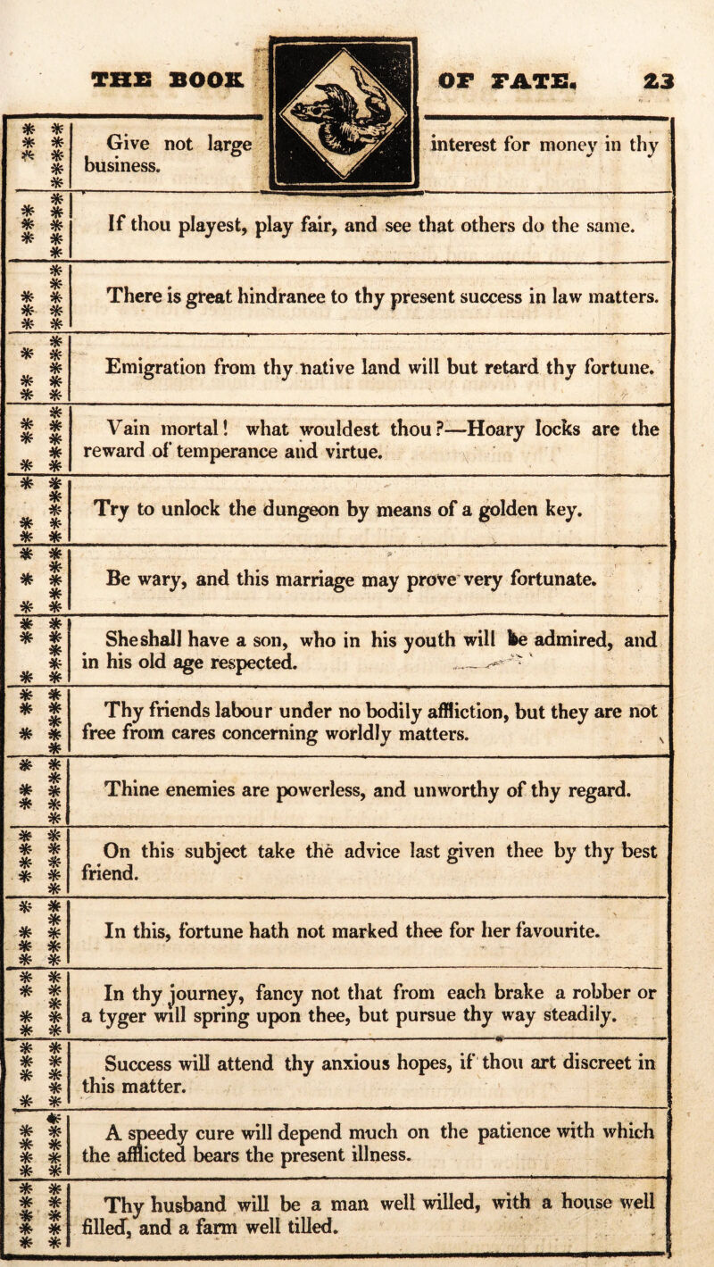 * * * * * * * Give not large business. interest for money in thy * * * * * * * * If thou playest, play fair, and see that others do the same. * * * * * * * * There is great hindrance to thy present success in law matters. * * * * * * * * Emigration from thy native land will but retard thy fortune. * * * * * * * Vain mortal! what wouldest thou?—Hoary locks are the reward of* temperance and virtue. * * * * * * * * Try to unlock the dungeon by means of a golden key. - - ... - A '.u .;y * * * * * * * * * ' ' Be wary, and this marriage may prove very fortunate. k . * * * * * * * * She shall have a son, who in his youth will fee admired, and in his old age respected. ....... ^ ' * * * * , * * * * Thy friends labour under no bodily affliction, but they are not free from cares concerning worldly matters. s * * „ * * * * * * Thine enemies are powerless, and unworthy of thy regard. * * * * * * * * * On this subject take the advice last given thee by thy best friend. * * * * * * * * * In this, fortune hath not marked thee for her favourite. * * * * * * * * * In thy journey, fancy not that from each brake a robber or a tyger will spring upon thee, but pursue thy way steadily. * * * * * * * * * Success will attend thy anxious hopes, if thou art discreet in this matter. * #? * * * * * * * * A speedy cure will depend much on the patience with which the afflicted bears the present illness. * * * * * * * * * * Thy husband will be a man well willed, with a house well filled, and a farm well tilled. . , ■* ,
