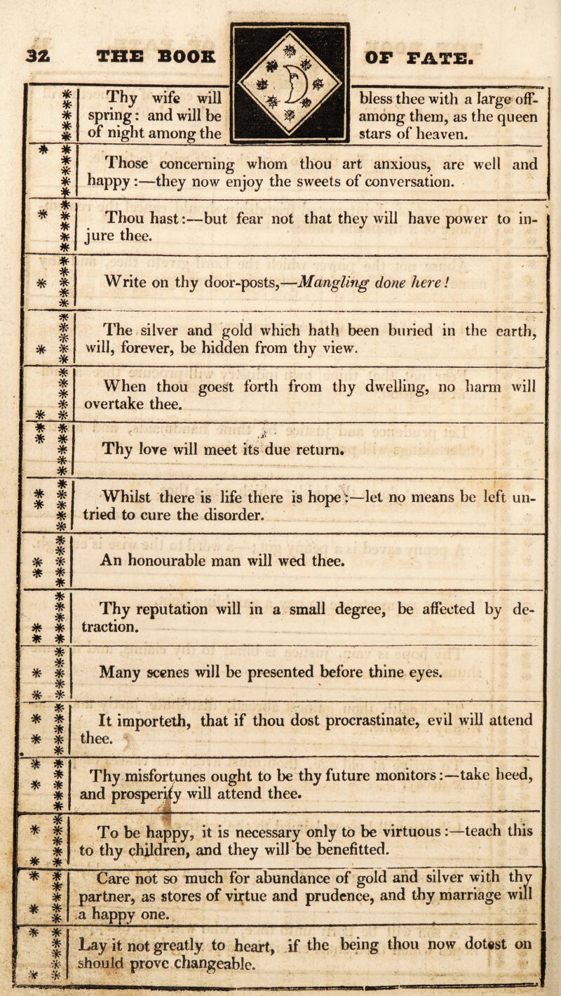 32 THE BOOK Or FATE. * * * * * Thy wife will spring: and will be of night among the bless thee with a large off- among them, as the queen stars of heaven. * * * St Those concerning whom thou art anxious, are well and happy :—they now enjoy the sweets of conversation. * * * * * Thou hast:—but fear not that they will have power to in- jure thee. * * l * Write on thy door-posts,—Mangling done here! * *- * * * The silver and gold which hath been buried in the earth, will, forever, be hidden from thy view. * * * * * * When thou goest forth from thy dwelling, no harm will overtake thee. * * * * * * * .«■jp f Thy love will meet its due return. * * * * * * * Whilst there is life there is hope:—let no means be left un- tried to cure the disorder. * * * -ft * * * An honourable man will wed thee. * * * * * * * Thy reputation will in a small degree, be affected by de- traction. * * * * * * * Many scenes will be presented before thine eyes. i * * * ^ * * * . * It importeth, that if thou dost procrastinate, evil will attend thee. * * * * * * * Thy misfortunes ought to be thy future monitors:—take heed, and prosperity will attend thee. ,4| —— * * * * * * *1 ;IP§ • To be happy, it is necessary only to be virtuous:—teach this to thy children, and they will be benefitted. r* * * * * * * Care not so much for abundance of gold and silver with thy partner, as stores of virtue and prudence, and thy marriage will a happy one. * * * * * ft Lay it not greatly to heart, if the being thou now dotest on should prove changeable.