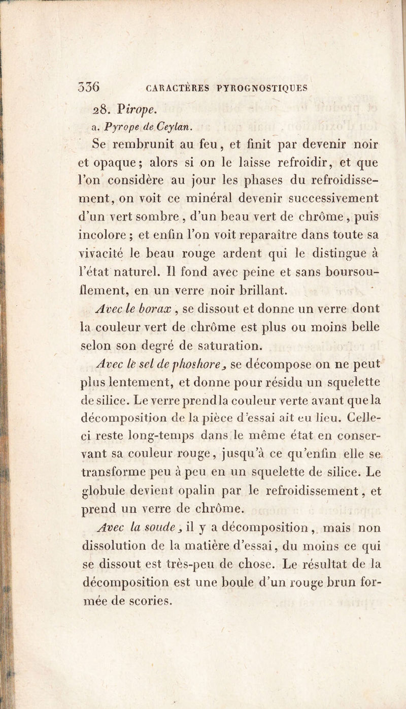 28. Firope. a. Pyrope de Ceylan. Se rembrunit au feu, et finit par devenir noir et opaque; alors si on le laisse refroidir, et que l’on considère au jour les phases du refroidisse- ment, on voit ce minéral devenir successivement d’un vert sombre , d’un beau vert de chrome, puis incolore ; et enfin l’on voit reparaître dans toute sa vivacité le beau rouge ardent qui le distingue à l’état naturel. Ï1 fond avec peine et sans boursou- flement, en un verre noir brillant. Avec le borax , se dissout et donne un verre dont la couleur vert de chrome est plus ou moins belle selon son degré de saturation. Avec lë sel de plwshore,, se décompose on ne peut plus lentement, et donne pour résidu un squelette de silice. Le verre prend la couleur verte avant que la décomposition de la pièce d 'essai ait eu lieu. Celle- ci reste long-temps dans le même état en conser- vant sa couleur rouge, jusqu’à ce qu enfin elle se transforme peu à peu en un squelette de silice. Le globule devient opalin par le refroidissement, et prend un verre de chrome. Avec la soude > il y a décomposition , mais non dissolution de la matière d’essai, du moins ce qui se dissout est très-peu de chose. Le résultat de la décomposition est une boule d’un rouge brun for- mée de scories.