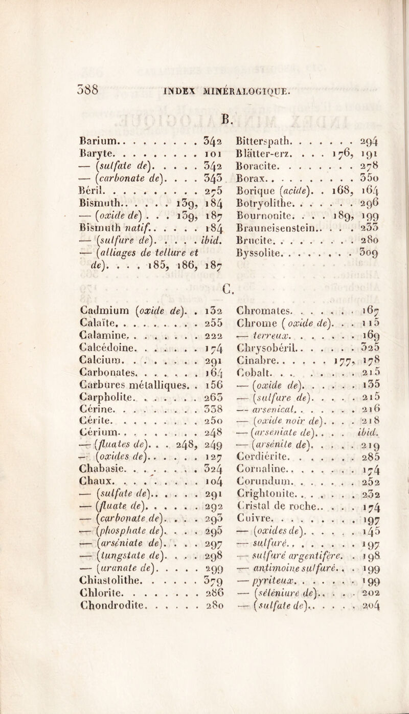 B. Barium . . 342 Bitterspath. . . . 294 Baryte 101 Blatter-erz. . . . 176, 191 ■— (,sulfate de) 342 Boracite 278 — (carbonate de). . . . 343 Borax 35o Béril . . . 2^5 Borique [acide). . 168, 164 Bismuth.. .... i3g, 184 Botryolithe. . . . 296 — [oxide de) . . . i3g, 187 Bournonite. . . . 199 Bismuth natif. 184 Brauneisenstein.. • • • 233 — (sulfure de') ibid. Brucite 280 — (alliages de tellure et de). . . . 185, s86, k-l 00 VJ Byssoiifce. .... 3og G. Cadmium [oxide de). . l32 Chromâtes. ...... 167 Calaïte 255 Chrome ( oxide de). . . ï i5 Calamine 222 •— terreux 169 Calcédoine 174 Chrysobéril 325 Calcium. . 291 Cinabre 177, 178 Carbonates 164 Cobalt. . . 215 Carbures métalliques. . i56 -— [oxide de) Carpholite 265 •— [sulfure de) 2l5 Cérine 358 — arsenical 216 Cérite 2 5o — [oxide noir de). . . . 218 Cérium. ........ 246 •— [arséniate de). . . . ibid. — [fluates de). . . 248, 249 •— [arsénile de). .... 219 1— [oxides de) 127 Cordiérite. . . . . . . 285 Chabasie 524 Cornaline.. 174 Chaux . . 1 o4 Corundum 2Ô2 — [sulfate de) 29l Crightonite 232 •— [finale de) 292 Cristal de roche 174 — [carbonate de). , . . 293 Cuivre !97 ■— [phosphate de). . . . 29a — [oxides de). ... i45 — [arséniate de). . . . 297 -— sulfuré *97 — [tungstate de). . . . 298 — sulfuré argentifère. . 198 -— [uranate de) 2 99 —- antimoine sulfuré.. . *99 Chiastolithe — pyriteux 199 Chlorite 286 — [sélèniure de).. . . . 202 Chondrodite. . . . . . 280 — [sulfate de). 204