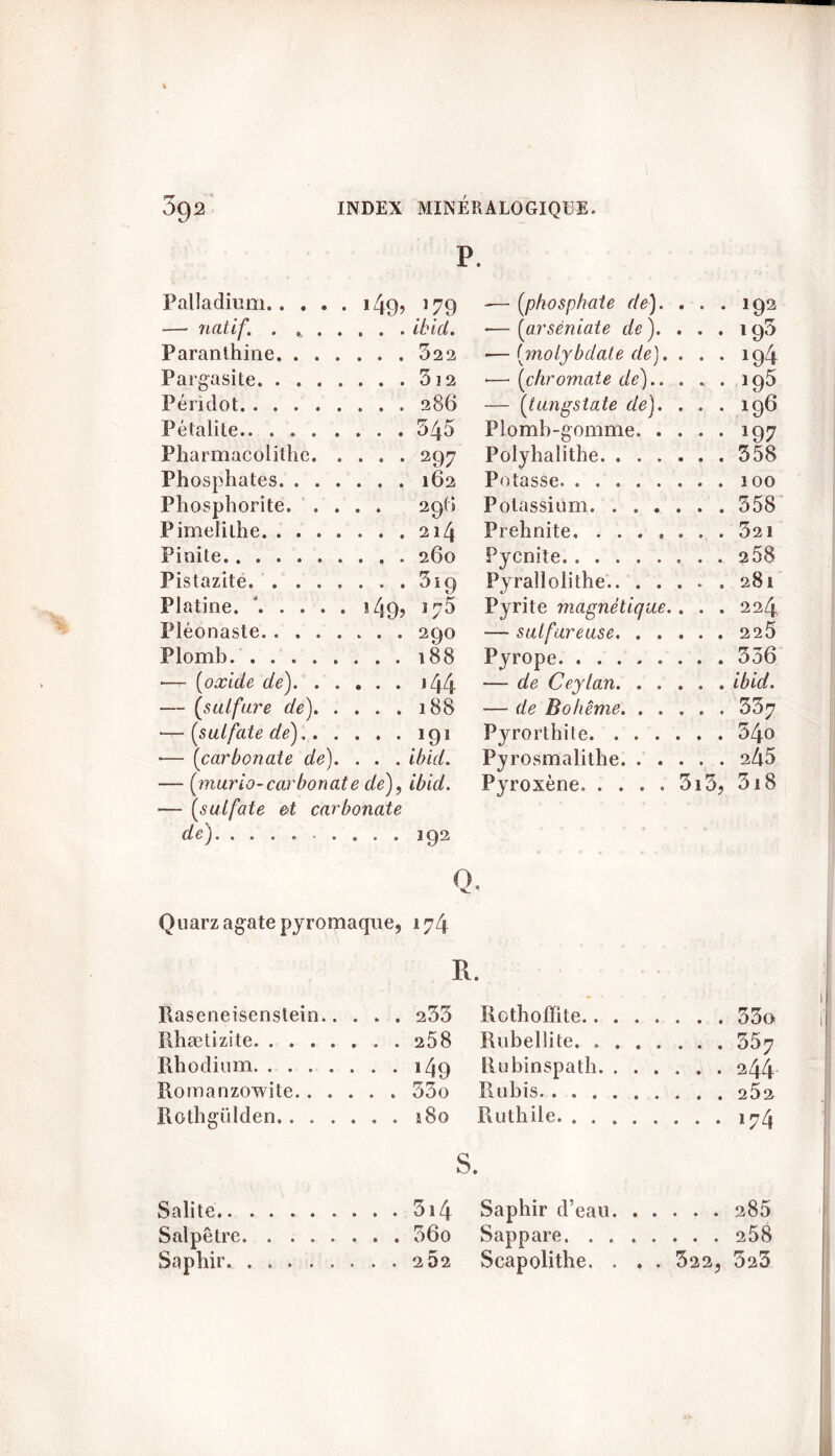 P. Palladium i4o> 179 — natif. .... ibid. Paranihine. . . . 522 Pargasite. .... 5l2 Péiidot 286 Pétalite.. .... 545 Pharmacolithe. . 297 Phosphates. . . . 162 Phosphorite. . . 2 96 Pimelithe 214 Pioite 260 Pistazite. .... 519 Platine. ’ 149, 175 Piéonaste 29° Plomb 188 -— (oxide de). . . *44 — (sulfure de). . 188 *— [sulfate de). . . 191 •— (carbonate de). . . . ibid. — [maria-carbonate de), ibid. — (sulfate et carbonate de) 192 — [phosphate de). . . . 192 •— (arséniate de). ... 1 95 •—[molybdate de). ... 194 •— (chromate de).. . . . 195 — (tungstate de). ... 196 Plomb-gomme 197 Polyhaîithe 558 Potasse 100 Potassium 558 Prehnite, 521 Pycnite 258 Pyraîlolithe . , 281 Pyrite magnétique.. . . 224 — sulfureuse 225 Pyrope 556 — de Ceylan ibid. — de Bohême 557 Pyrorthite 54o Pyrosmalithe. ..... 245 Pyroxène 5i5, 5i8 Q. Quarz agate pyromaque, 174 R. lLaseneisenstein.. . . . 255 Rothoffite.. . 55g Rhælizite . . . 258 Rubellite. » . 557 Rhodium . . . 149 Rubinspath. . ^44 Romanzowite. . . . . . 55o Rubis. .... Rothgülden. . . . Ruthile. . . . s. Salite . . . 5i4 Saphir d’eau. 285 Salpêtre Sappare. . . 258 Saphir. ..... Scapolithe. . . . 522, 525