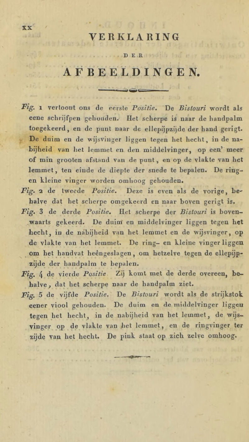 VERKLARING D £.11 AFBEELDINGEN. Fig. 1 vertoont ons de eerste Positie, De Blstouri wordt als eene schrijfpen gehutiden. Hel scherpe is naar de liandpalm toegekeerd, en de punt naar de ellepijpzijde der hand gerigt. De duim en de wij.sviiiger liggen tegen het hecht, in de na- bijheid van het lemmet en den middelvinger, op een’ meer of ruin grooten afstand van de punt, en op de vlakte van het lemmet, ten einde de diepte der snede te bepalen. De ring- en kleine vinger worden omhoog gehouden. Fig, 2 de tweede Positie. Deze is even als de vorige, be- halve dat het scherpe omgekeerd cn naar boven gerigt is. Fig. 3 de derde Positie. Het scherpe der Bistouri is boven- waarts gekeerd. De duioi en middelvinger liggen tegen bet hecht, in de nabijheid van het lemmet en de wijsvinger, op de vlakte van het lemmet. De ring- en kleine vinger liggen ^ om het handvat heengeslagen, om hetzelve tegen de ellepijp- zijde der handpalm te bepalen. Fig. 4 de vierde Positie Zij komt met de derde overeen, be- halve, dat het scherpe naar de handpalm ziet. Fig. 5 de vijfde Positie. De Bistouri wordt als de strijkstok eener viool gehouden. De duim en de miildelvinger liggen tegen hel hecht, in de nabijheid van het lemmet, de wijs- vinger op de vlakte van hel lemmet, en de ringvinger ter zijde van hel hechl. De pink slaat op zich zelve omhoog.
