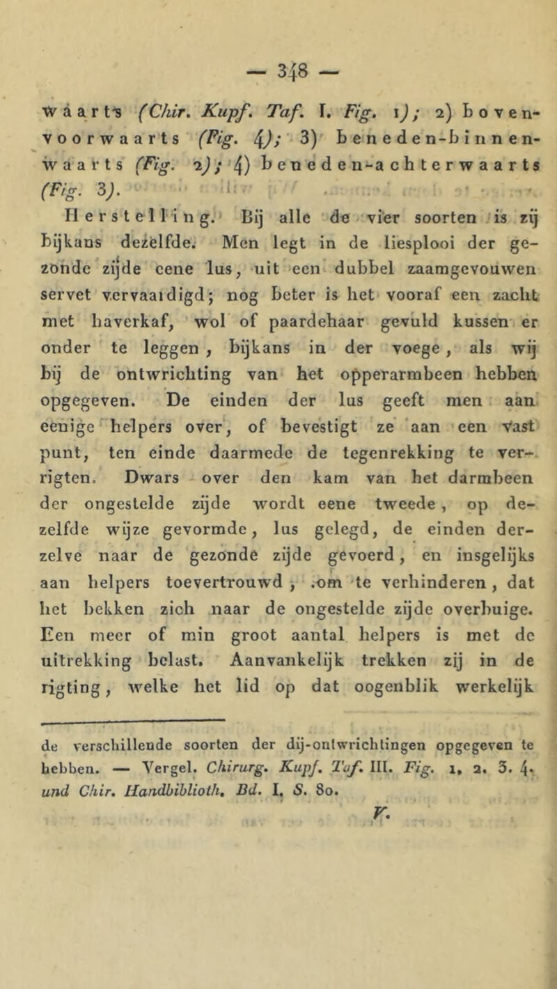 W a a r t3 (C/dr. Kupf. Taf. I. Fig. \) ; 2) b o v e n- voorwaarts (Pig. 4J/ ^)' beneden-binnen- iv a a r t s (Fig. b e n e d e n-a c h t e r w a a r ts (Fig. 3J. 1:. . . ... Herstelling.' Bij alle de- vier soorten 'is eij bijkans dezelfde; Men legt in de liesplooi der ge- zonde zijde cene lus, uit een dubbel zaamgevouwen servet vervaal digd; nog beter is het vooraf een zacht met haverkaf, wol of paardehaar gevuld kussen er onder te leggen , bijkans in der voege , als wij bij de ontwrichting van het opperarrabeen hebben opgegeven. De einden der lus geeft men aan eenige helpers over', of bevestigt ze aan een Vast punt, ten einde daarmede de tegenrekking te ver-, rigten. Dwars over den kam van het darmbeen der ongestelde zijde wordt eene tweede , op de- zelfde wijze gevormde, lus gelegd, de einden der- zelve naar de gezonde zijde gevoerd, en insgelijks aan helpers toevertrouwd > .om te verhinderen , dat het bekken zich naar de ongestelde zijde overbuige. Een meer of min groot aantal helpers is met dc uitrekking belast. Aanvankelijk trekken zij in de rigting, welke het lid op dat oogeublik werkelijk de verschillende soorten der dij-ontwrichtingen opgegeven te hebben. — Yergel. Chirurg. KupJ. Taf. lil. Fig. 1, a. 3. 4* und Ckir. Handbiblioth, Bd. I, S, 80. 4 F.