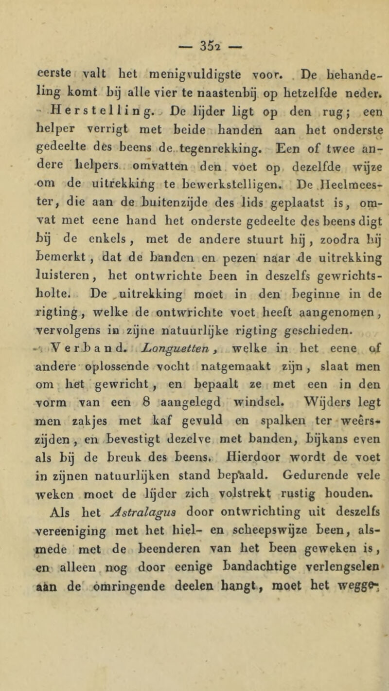 eerste valt het raenlgvuidigste voor. De behande- ling komt bij alle vier te naastenbij op hetzelfde neder. - H e r s t e 11 i n g. ^ De lijder ligt op den rug; een helper verrigt met beide handen aan het onderste gedeelte dès beens de. tegenrekking. Een of twee an- dere helpers omvatten den voet op dezelfde wijze om de uitrekking te bewerkstelligen. De Heelmees- ter, die aan de buitenzijde des lids geplaatst is, om- vat met eene hand het onderste gedeelte des beens digt bij de enkels , met de andere stuurt hij, zoodra hij bemerkt, dat de banden en pezen naar ^le uitrekking luisteren, het ontwrichte been in deszelfs gewrichts- holte. De ,uitrekking moet in den beginne in de rigting, welke de ontwrichte voet heeft aangenomen, vervolgens in zijne natuurlijke rigting geschieden. -'1 Verband. Languetten, welke in het eene of andere oplossende vocht natgemaakt zijn, slaat men om het gewricht , en bepaalt ze met een in den vorm van een 8 aangelegd windsel. Wijders legt men zakjes met kaf gevuld en spalken ter weers- zijden , en bevestigt dezelve met banden, bijkans even als bij de breuk des beens. Hierdoor wordt de voet in zijnen natuurlijken stand beptiald. Gedurende vele weken moet de lijder zich volstrekt rustig houden. Als het Astralagiia door ontwrichting uit deszelfs vereeniging met het hiel- en scheepswijze been, als- mede met de beenderen van het been geweken is, en alleen, nog door eenige bandachtige verlengselen - aan de omringende deelen hangt , moet het wegge-.