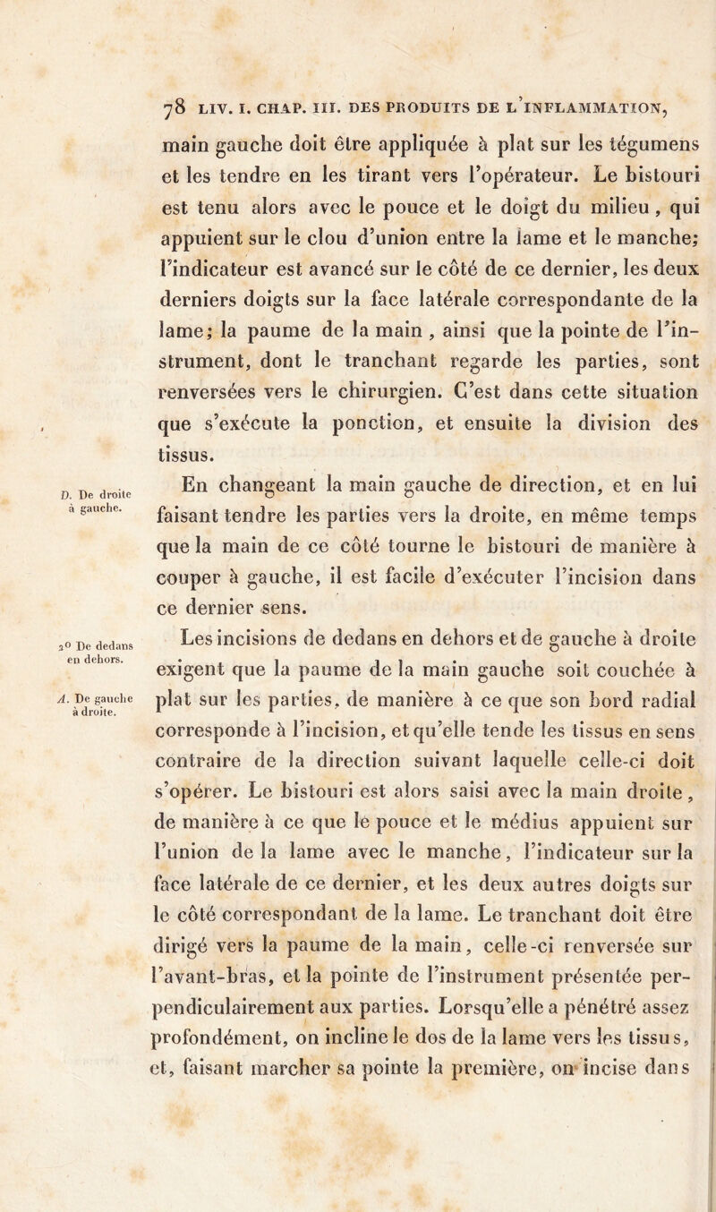 D. De droite à gauche. 3° De dedans en dehors. A. De gauche à droite. 78 LIV. I. CHAP. ÏIÏ. DES PRODUITS DE l’iNFLAMMATION, main gauche doit être appliquée à plat sur les tégumens et les tendre en les tirant vers l’opérateur. Le bistouri est tenu alors avec le pouce et le doigt du milieu , qui appuient sur le clou d’union entre la lame et le manche; l’indicateur est avancé sur le côté de ce dernier, les deux derniers doigts sur la face latérale correspondante de la lame; la paume de la main , ainsi que la pointe de l’in- strument, dont le tranchant regarde les parties, sont renversées vers le chirurgien. C’est dans cette situation que s’exécute la ponction, et ensuite la division des tissus. En changeant la main gauche de direction, et en lui faisant tendre les parties vers la droite, en même temps que la main de ce côté tourne le bistouri de manière à couper à gauche, il est facile d’exécuter l’incision dans ce dernier sens. Les incisions de dedans en dehors et de gauche à droite exigent que la paume de la main gauche soit couchée à plat sur les parties, de manière à ce que son bord radial corresponde à l’incision, et qu’elle tende les tissus en sens contraire de la direction suivant laquelle celle-ci doit s’opérer. Le bistouri est alors saisi avec la main droite, de manière h ce que le pouce et le médius appuient sur l’union de la lame avec le manche, l’indicateur sur la face latérale de ce dernier, et les deux autres doigts sur le côté correspondant de la lame. Le tranchant doit être dirigé vers la paume de la main, celle-ci renversée sur l’avant-bras, et la pointe de l’instrument présentée per- pendiculairement aux parties. Lorsqu’elle a pénétré assez profondément, on incline le dos de la lame vers les tissus, et, faisant marcher sa pointe la première, on*incise dans