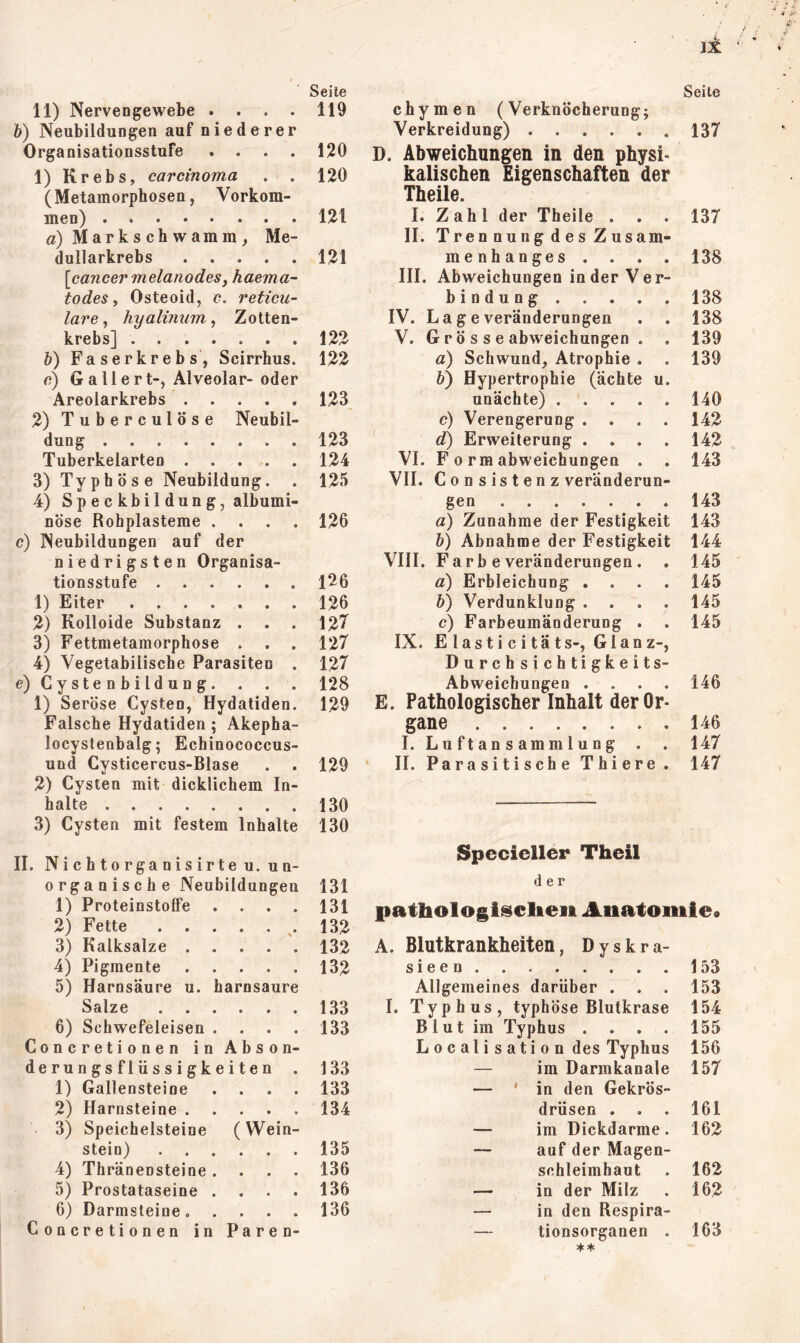 Seile Seile 11) Nervengewebe . . . . b) Neubildungen auf niederer Organisationsstufe . . . . 1) K rebs, Carcinoma (Metamorphosen, Vorkom- men) a) Markschwamm, Me- dullarkrebs [caneermelanodes, haema- todes, Osteoid, c. reticu- lare ^ hyalvium, Zotten- krebs] b) Faserkrebs, Scirrhus. c) Gallert-, Alveolar- oder Areolarkrebs %) Tuberculöse Neubil- dung Tuberkelarten 3) Typhöse Neubildung. 4) Speckbildung, albumi- nöse Rohplasteme . . . . c) Neubildungen auf der niedrigsten Organisa- tionsstufe 1) Eiter 2) Kolloide Substanz . . . 3) Fettmetamorphose . . . 4) Vegetabilische Parasiten . e) Cystenbildung. 1) Seröse Cysten, Hydatiden. Falsche Hydatiden ; Akepha- locystenbalg; Echinococcus- uüd Cysticercus-Blase 2) Cysten mit dicklichem In- halte 3) Cysten mit festem Inhalte II. N i c h 10 rga n is ir te u. u n- organische Neubildungen 1) Proteinstoffe . . . . 2) Fette 3) Kalksalze 4) Pigmente 5) Harnsäure u. harnsaure Salze 6) Schwefeleisen . . . . Concretionen inAbson- de ru n gs f 1 ii s s i g k e i t e n . 1) Gallensteine . . . . 2) Harnsteine 3) Speichelsteine (Wein- stein) 4) Thränensteine. . . . 5) Prostataseine . . . . 6) Darmsteine, . . . . Concretionen in Paren- 119 chymen (Verknöcherung; Verkreidung) 137 120 D. Abweichungen in den physi- 120 kalischen Eigenschaften der 121 Theile. I. Zahl der Theile . . . 137 121 II. Tren nuiig des Zusam- menhanges . . . . 138 III. Abweichungen in der Ver- bindung 138 IV. LageVeränderungen 138 122 V. G r ö s s e abweichungen . . 139 122 a) Schwund, Atrophie . 139 123 ö) Hypertrophie (ächte u. unächte) 140 c) Verengerung .... 142 123 d) Erweiterung .... 142 124 VI. F 0 rm abweichungen . 143 125 VII. C 0 n s is t e n z veränderun- gen 143 126 a) Zunahme der Festigkeit 143 b) Abnahme der Festigkeit 144 VIII. Farb e Veränderungen. . 145 126 a) Erbleichung .... 145 126 &) Verdunklung .... 145 127 c) Farbeumänderung . . 145 127 IX. Elasticitäts-, Glanz-, 127 Durchsichtigkeit s- 128 Abweichungen .... 146 129 E. Pathologischer Inhalt der Or- gane 146 I. Lu f t an s am m 1 u n g . 147 129 ‘ II. Parasitische Thiere. 147 130 130 131 Specieller Theil der 131 132 132 pathologi^clieii Anatomie» A. Blutkrankheiten, D y s k r a- 132 sieen 153 Allgemeines darüber . 153 133 I. Typhus, typhöse Blutkrase Blut im Typhus .... 154 133 155 Localisation des Typhus 156 133 — im Darmkanale 157 133 — ' in den Gekrös- 134 drüsen . 161 — im Dickdarme. 162 135 — auf der Magen- 136 Schleimhaut 162 136 — in der Milz 162 136 — in den Respira- — tionsorganen . 163