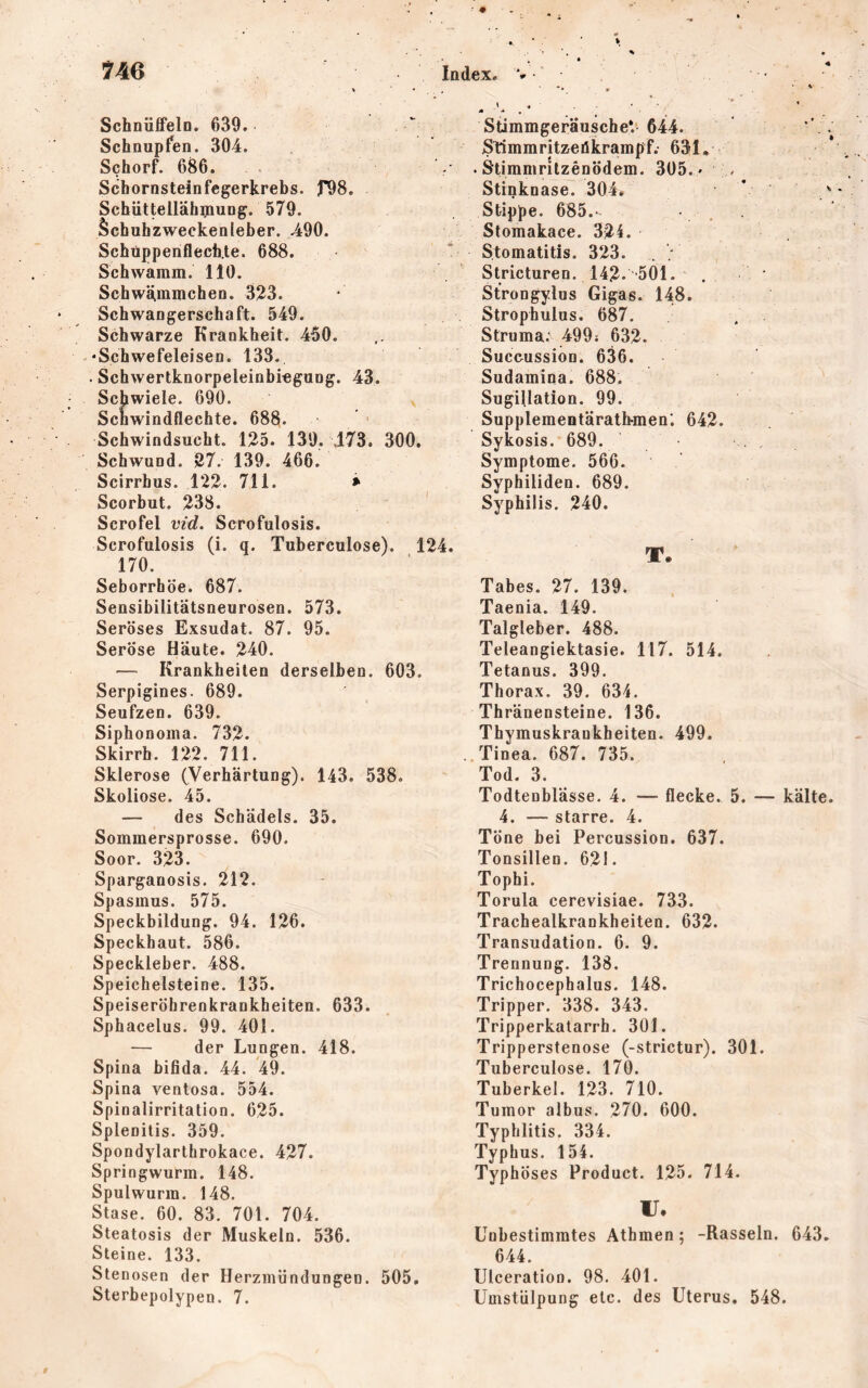 SchnülfelD. 639. Schnupfen. 304. Schorf. 686. . Schornsteinfegerkrebs. fOS. Scbiittellähipung. 579. Schuhzweekenleber. ^90. Schuppenflechte. 688. Schwamm. 110. Schwämmchen. 323. Schwangerschaft. 549. Schwarze Krankheit. 450. ‘Schwefeleisen. 133. . Schwertknorpeleinbiegung. 43. Schwiele. 690. ScWindflechte. 688. Schwindsucht. 125. 139. ,173. 300. Schwund. 27. 139. 466. Scirrhus. 122. 711. * Scorbut. 238. Scrofel vid. Scrofulosis. Scrofulosis (i. q. Tuberculose). 124. 170. Seborrhöe. 687. Sensibilitätsneurosen. 573. Seröses Exsudat. 87. 95. Seröse Häute. 240. — Krankheiten derselben. 603. Serpigines. 689. Seufzen. 639. Siphonoma. 732. Skirrh. 122. 711. Sklerose (Verhärtung). 143. 538. Skoliose. 45. — des Schädels. 35. Sommersprosse. 690. Soor. 323. Sparganosis. 212. Spasmus. 575. Speckbildung. 94. 126. Speckhaut. 586. Speckleber. 488. Speichelsteine. 135. Speiseröhrenkrankheiten. 633. Sphacelus. 99. 401. — der Lungen. 418. Spina bifida. 44. 49. Spina ventosa. 554. Spinalirritation. 625. Splenitis. 359. Spondylarthrokace. 427. Springwurm. 148. Spulwurm. 148. Stase. 60. 83. 701. 704. Steatosis der Muskeln. 536. Steine. 133. Stenosen der Herzmündungen. 505, Sterbepolypen. 7. Stimmgeräusche*. 644. . Stimmritzeökrampf. 631, . Stimmrilzenödem. 305.» . Stinknase. 304. * ‘ ^ Stippe. 685.- • . Stomakace. 324. Stomatitis. 323. Stricturen. 142. 501. Strongylus Gigas. 148. Strophulus. 687. Struma. 499; 632. Succussion. 636. Sudamina. 688. Sugillation. 99. Supplementärath-men; 642. Sykosis. 689. Symptome. 566. Syphiliden. 689. Syphilis. 240. T. Tabes. 27. 139. Taenia. 149. Talgleber. 488. Teleangiektasie. 117. 514. Tetanus. 399. Thorax. 39. 634. Thränensteine. 136. Thymuskrankheiten. 499. .Tinea. 687. 735. Tod. 3. Todtenblässe. 4. — flecke. 5. — kälte. 4. — starre. 4. Töne bei Percussion. 637. Tonsillen. 621. Tophi. Torula cerevisiae. 733. Trachealkrankheiten. 632. Transudation. 6. 9. Trennung. 138. Trichocephalus. 148. Tripper. 338. 343. Tripperkatarrh. 301. Tripperstenose (-strictur). 301. Tuberculose. 170. Tuberkel. 123. 710. Tumor albus. 270. 600. Typhlitis. 334. Typhus. 154. Typh öses Product. 125. 714. U. Unbestimmtes Atbmen; -Rasseln. 643. 644. Ulceratioo. 98. 401. Umstülpung etc. des Uterus, 548.