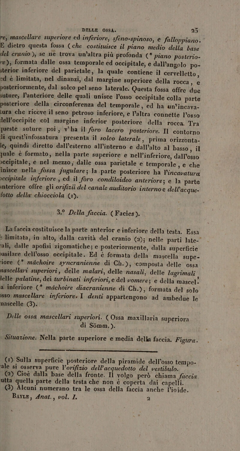 re, mascellare superiore ed inferiore, sfeno-spinoso, e falloppiano. E dietro questa fossa (che costituisce il piano medio della base del cranio), se ne trova un’altra più profonda (* piano posterio- re), formata dalle ossa temporale ed occipitale, e dall’angolo po- sterior inferiore del parietale, la quale contiene il cervelletto, od è limitata, nel dinanzi, dal margine superiore della rocca, e posteriormente, dal solco pel seno laterale. Questa fossa offre due suture, l’anteriore delle quali unisce l’osso occipitale colla parte posteriore della circonferenza del temporale, ed ha un’incava- tura che riceve il seno petroso inferiore, e l’altra connette l’osso lell’occipite col margine inferior posteriore della rocca, Tra queste suture poi, v'ha il foro lacero posteriore. Il contorno li quest'infossatura presenta il solco laterale, prima orizzonta- le, quindi diretto dall’esterno all’interno e dall’alto al basso , il quale è formato, nella parte superiore e nell’inferiore, dall’osso occipitale, e nel mezzo; dalle ossa parietale e temporale, e che inisce nella fossa jugulare; la parte posteriore ha l’incavatura rccipitale inferiore , ed il foro condiloideo anteriore; e la parte interiore offre gli orifizii del canale auditorio interno e dell’acque- lotto della: chiocciola (1). 3.° Della faccia. ( Facies). La faccia costituisce la parte anterior e inferiore della testa. Essa > limitata, in alto; dalla cavità del cranio (2); nelle parti late- ‘ali, dalle apofisi zigomatiche; e posteriormente, dalla superficie vasilare dell'osso occipitale. Ed è formata della mascella supe- iore (* machoire syncranienne di Ch.), ‘composta delle ossa nascellari superiori, delle malari, delle masali, delle lagrimali lelle palatine, dei turbinati inferiori, e dél vomere; e della mascel. a inferiore (* mdchoire diacranienne di Ch.), formata del solo sso mascellare inferiore. 1 denti appartengono ad ambedue le mascelle (3). © dos Delle ossa mascellari superiori. ( Ossa maxillaria superiora di Simm.). Situazione. Nella parte superiore e media della faccia. Figura. e _Ee—=—rtr-- (1) Sulla superficie posteriore della piramidé dell’osso tempo- ‘ale si osserva pure l’orifizio dell'acquedotto del vestibulo. - (2) Cioè dalla base della fronte. Il volgo però chiama faccia utta quella parte della testa che non è coperta dai capelli. (3) Alcuni numerano tra le ossa della faccia anche l’ioide. Barre, Anat., vol. I. 2