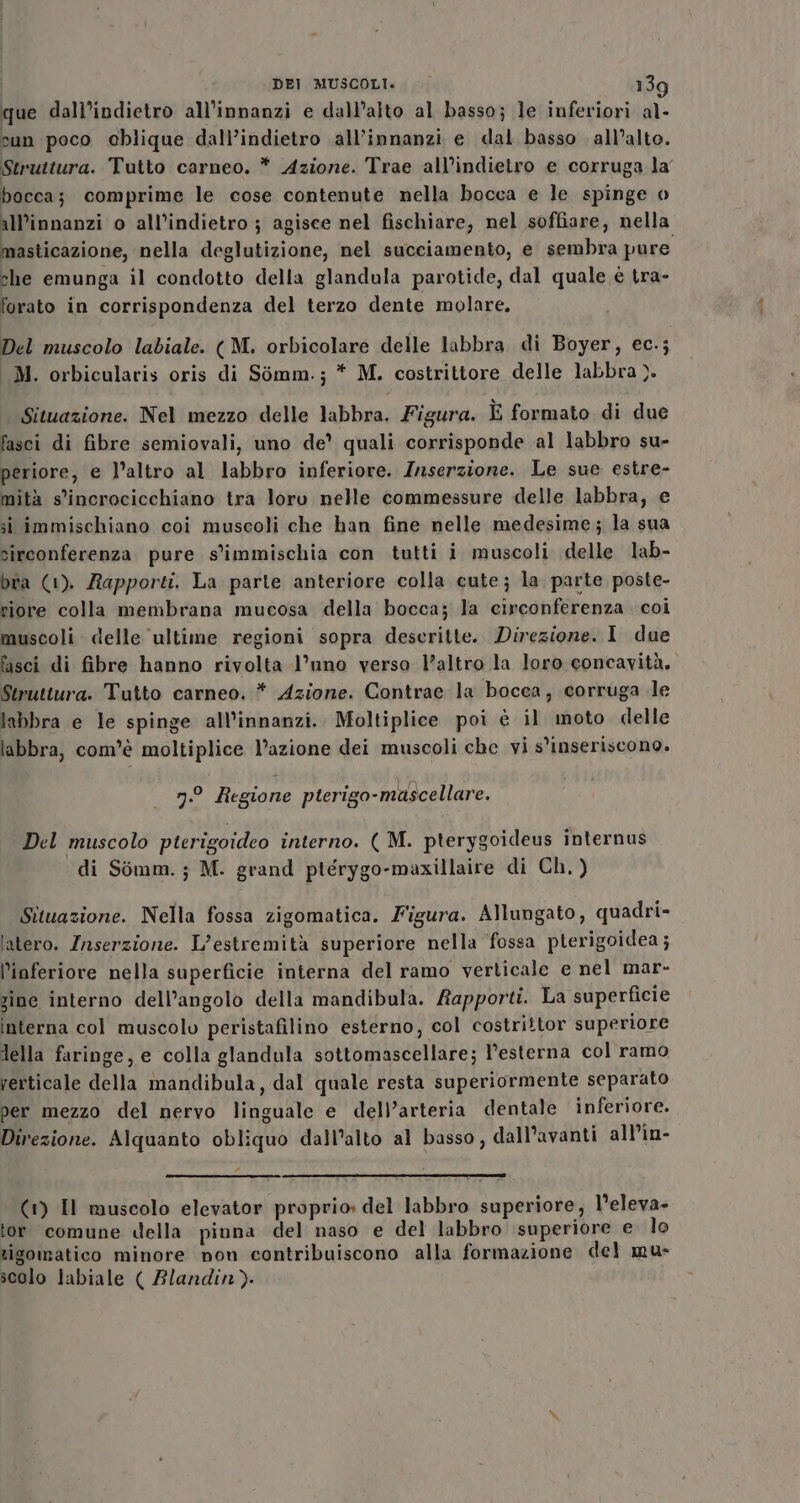 que dall’indietro all’innanzi e dall’alto al basso; le inferiori al- cun poco oblique dall’indietro all’innanzi e dal basso all’alto. Struttura. Tutto carneo. * Azione. Trae all’indietro e corruga la bocca; comprime le cose contenute nella bocca e le spinge o all’innanzi o all’indietro ; agisce nel fischiare, nel soffiare, nella masticazione, nella deglutizione, nel succiamento, e sembra pure che emunga il condotto della glandala parotide, dal quale è tra- forato in corrispondenza del terzo dente molare, Del muscolo labiale. (M. orbicolare delle labbra di Boyer, ec.; _M. orbicularis oris di Simm.; * M. costrittore delle labbra ). Situazione. Nel mezzo delle labbra. Figura. È formato di due fasci di fibre semiovali, uno de’ quali corrisponde al labbro su- periore, e l’altro al labbro inferiore. Inserzione. Le sue estre- mità s'incrocicchiano tra loro nelle commessure delle labbra, e si immischiano coi muscoli che han fine nelle medesime; la sua circonferenza pure s'immischia con tutti i muscoli delle lab- bra (1). Rapporti. La parte anteriore colla cute; la parte poste- riore colla membrana mucosa della bocca; la circonferenza. coi muscoli delle ultime regioni sopra descritte. Direzione. I due fisci di fibre hanno rivolta l’uno verso l’altro la loro concavità. Struttura. Tutto carneo. * Azione. Contrae la bocea, corruga le labbra e le spinge all’innanzi. Moltiplice poi è il moto delle labbra, com’è moltiplice l’azione dei muscoli che vi s'inseriscono. n9 Regione pterigo-mascellare. Del muscolo pterigoideo interno. ( M. pterygoideus internus di Simm.; M. grand ptérygo-maxillaire di Ch, ) Situazione. Nella fossa zigomatica. Figura. Allungato, quadri- latero. Inserzione. L’estremità superiore nella fossa pterigoidea; inferiore nella superficie interna del ramo verticale e nel mar- zine interno dell’angolo della mandibula. Rapporti. La superficie interna col muscolo peristafilino esterno, col costrittor superiore lella faringe, e colla glandula sottomascellare; l’esterna col ramo verticale della mandibula, dal quale resta superiormente separato per mezzo del nervo linguale e dell’arteria dentale inferiore. Direzione. Alquanto obliquo dall’alto al basso, dall’avanti all’in- # (1) Il muscolo elevator proprio: del labbro superiore, l’eleva- lor comune della pinna del naso e del labbro superiore e lo zigomatico minore non contribuiscono alla formazione del mu- scolo labiale ( Blandin).